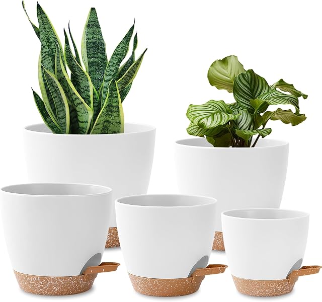 5 Pack Plant Pots Indoor 7/6.5/6/5.5/5 Inch Flower Pots Self Watering Planters for Indoor Plants with Drainage Hole Plastic Plant Pot for African Violet Cactus Flowers Succulents(White)
