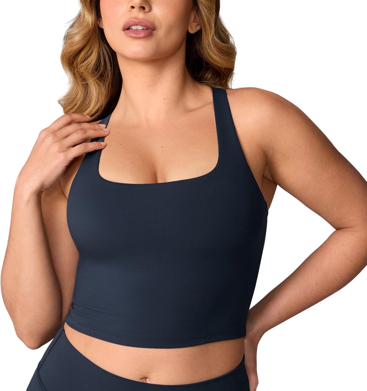 UNISSU Hugcurve Adjustable Racerback Longline Sports Bras Square Neck Padded Yoga Workout Crop Tank Tops for Women