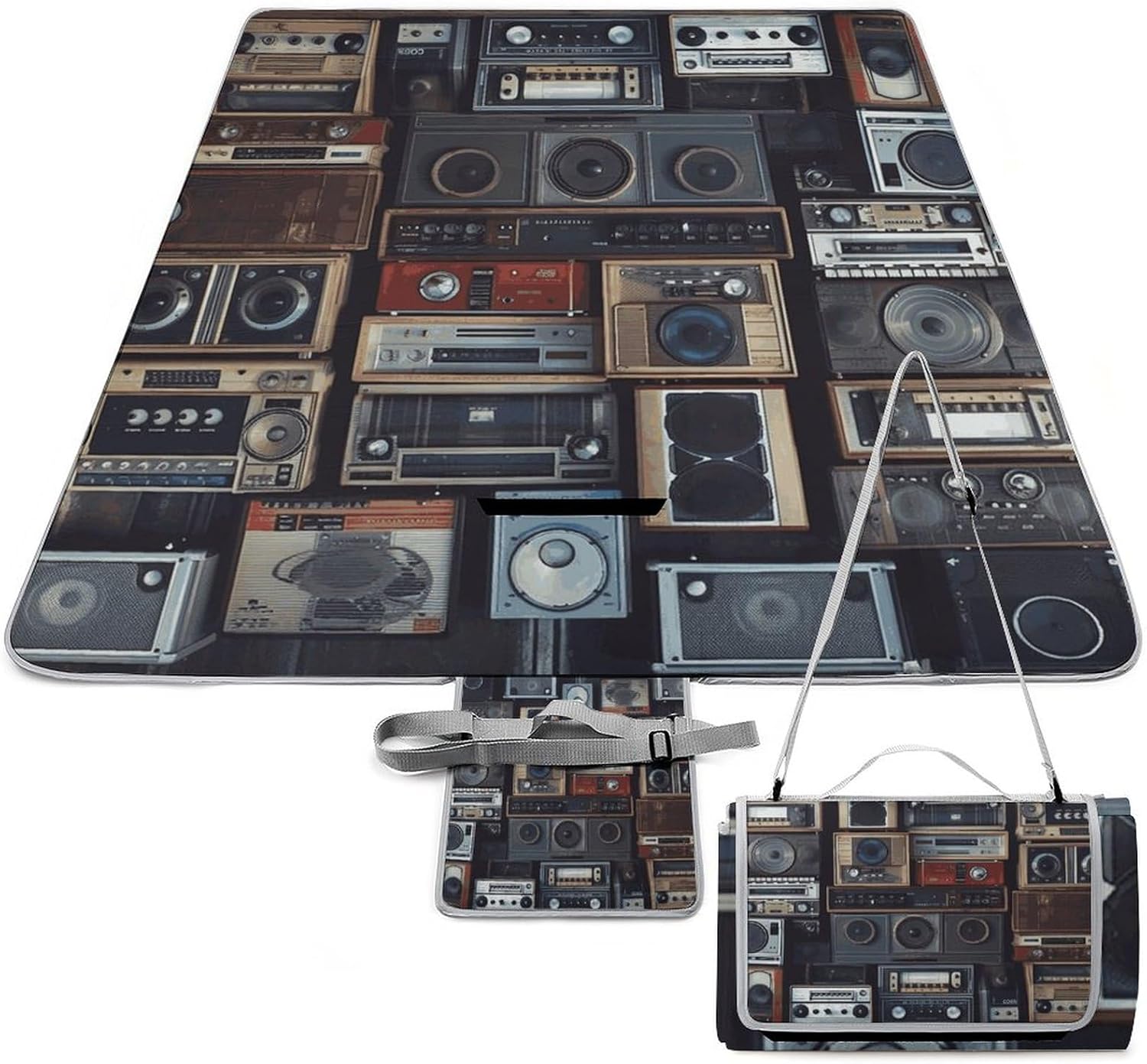 Picnic Mat Beach Blanket, Vintage Wall of Radio Boombox Printed Picnic Blankets Waterproof Foldable Extra Large,Square Picnic Mat,for Hiking Travelling Outdoor Camping,Parks