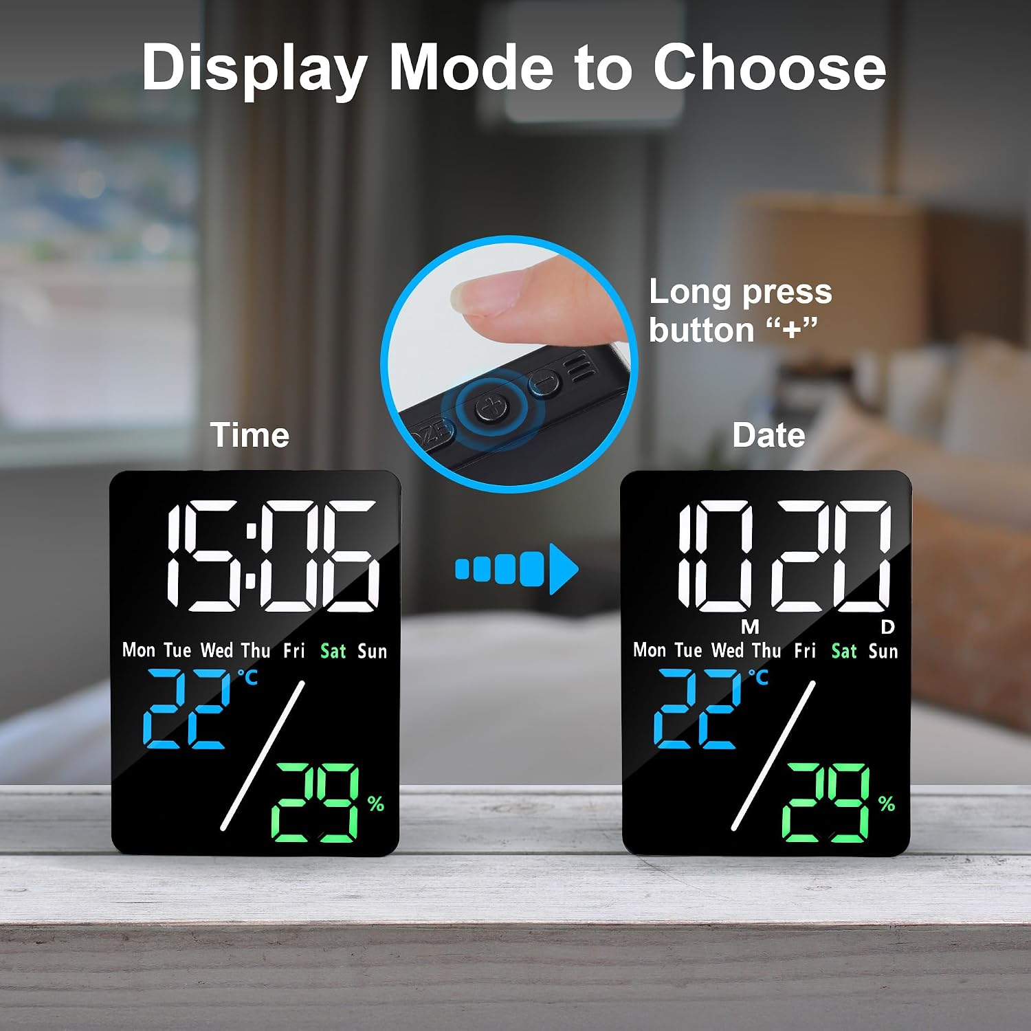Two alarm clocks side-by-side. The left clock displays time, temperature, and humidity. The right clock displays date, temperature, and humidity. An arrow indicates switching between these modes by long pressing the '+' button.
