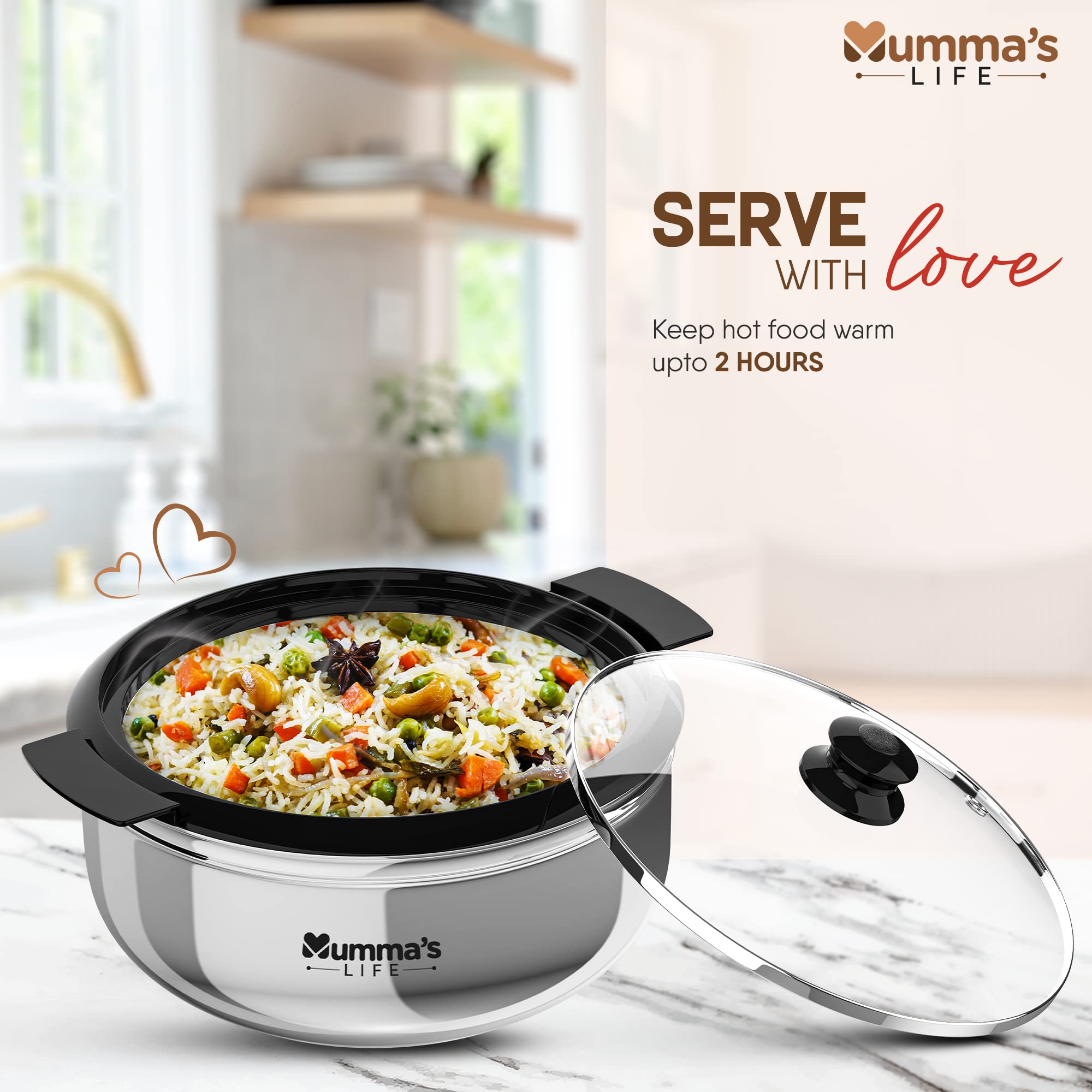Stainless Steel Thermoware Casserole with Glass Lid| Hot Pot Roti Box with Lid Set of 3 (4500 X 3Pcs) 1
