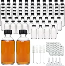 Small Clear Glass Bottles with Lids, 2 oz Glass Containers with Labels, Funnels and Brushes, Round Sample Bottles for Juice, Oils, Ginger Shots, Whiskey, Liquids, 80 Pack