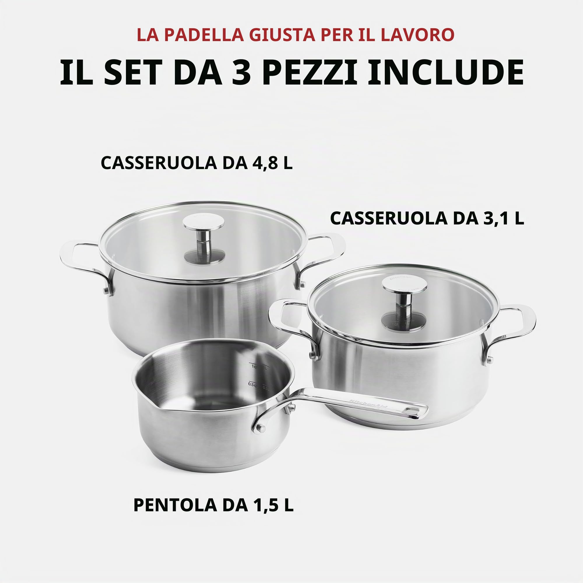 KitchenAid Stainless Steel Set di Pentole Antiaderenti in Acciaio Inox con Coperchio, Adatte a Tutti i Tipi di Fornelli, Induzione, Forno e Lavastoviglie, 20/24 cm + Pentolino 16 cm/1,5 L, 5 pezzi
