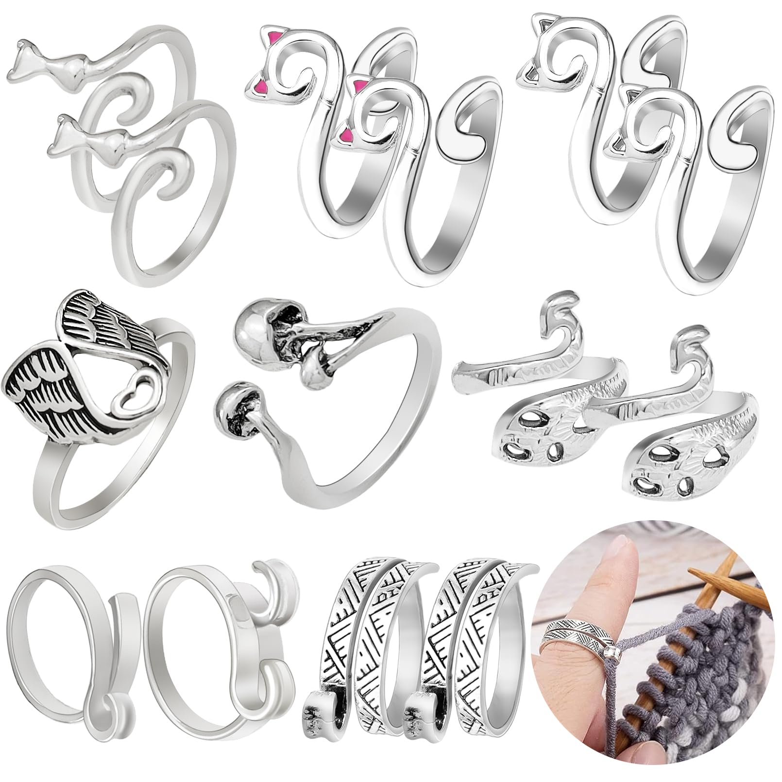 RechicGu 14 Pcs Crochet Knitting Ring Set Adjustable Crochet Tension Ring,Fingers Yarn Guide Knitting Ring for Women Mother Grandma Gift Mushroom Set