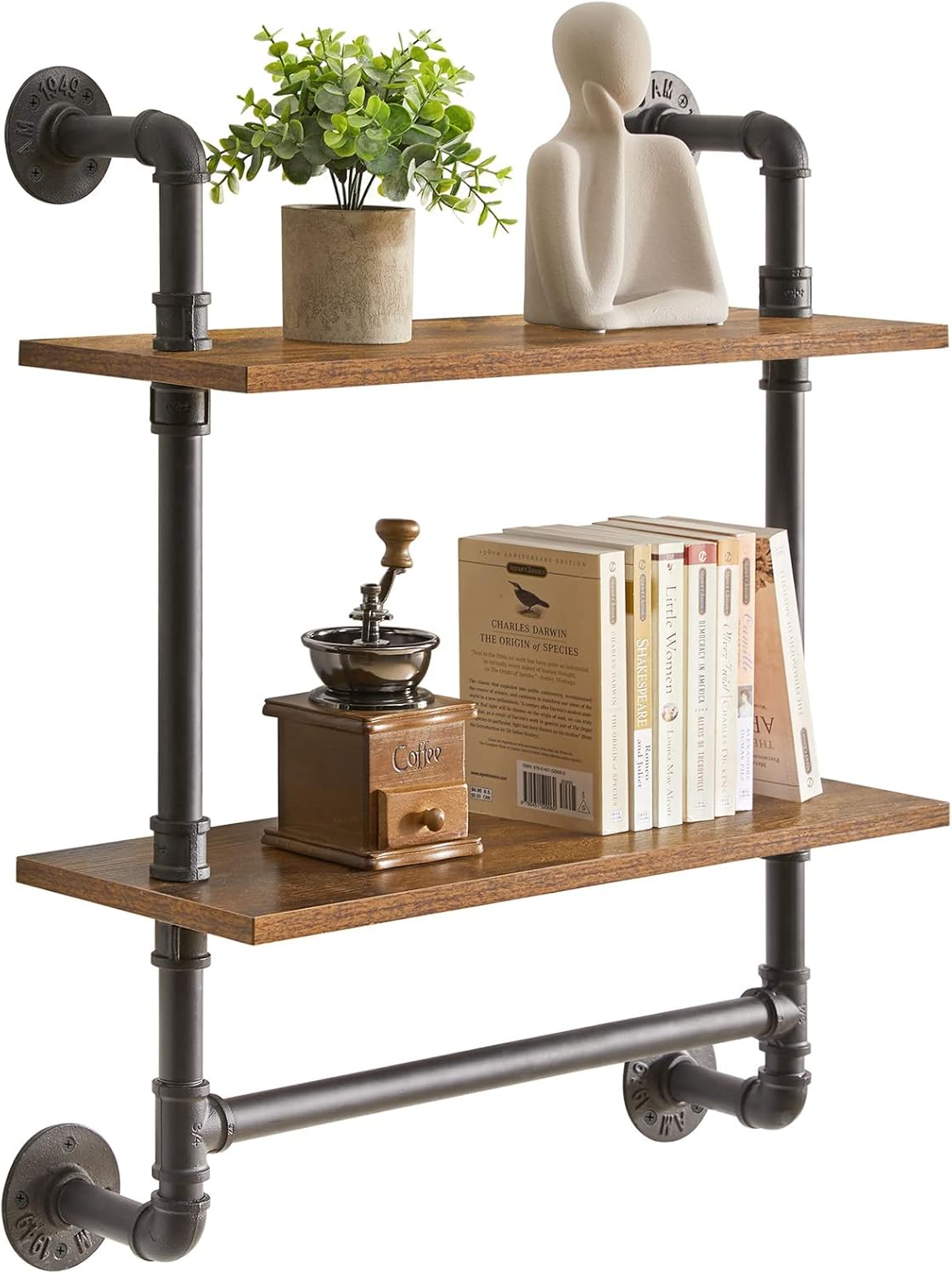 YMYNY 2Tier Industrial Pipe Wall Mount Shelves, Rustic Storage Shelves