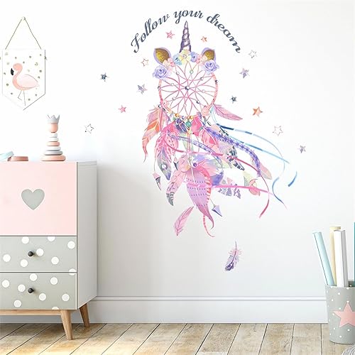 Calcomanías de pared con diseño de plumas coloridas y estrellas, diseño de plumas rosas de sacinora Dreamcatcher Plume Art, calcomanías de vinilo