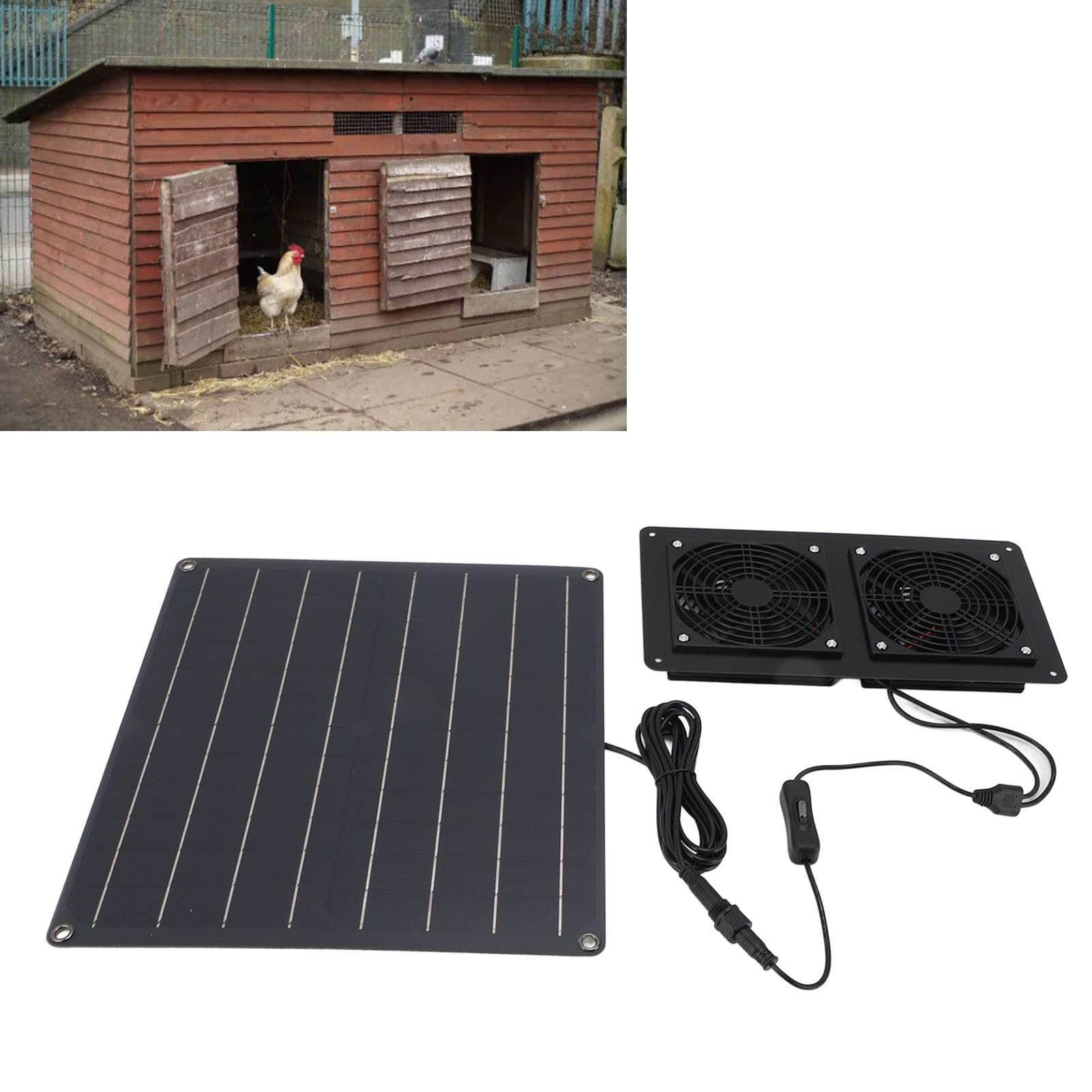 Tissting Kit Ventilatore Solare, Doppio Estrattore 12V 20W con Pannello e Interruttore, Ventilazione per Pollaio Serra Casetta Animali