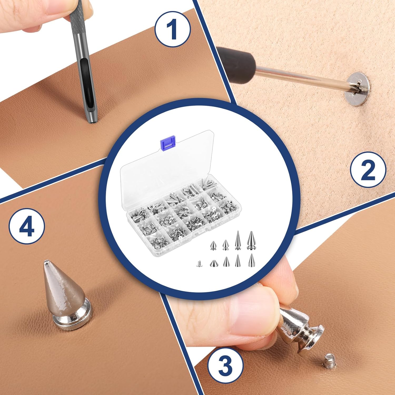 403Pcs Punk Spikes and Studs Kit 8 Size Zinc Alloy Leather Cone Spike and Studs Rivets with Scratch Awl Screwdriver Punch for Leather Craftsmanship Punk Style Clothing DIY (Silver, 403Pcs)