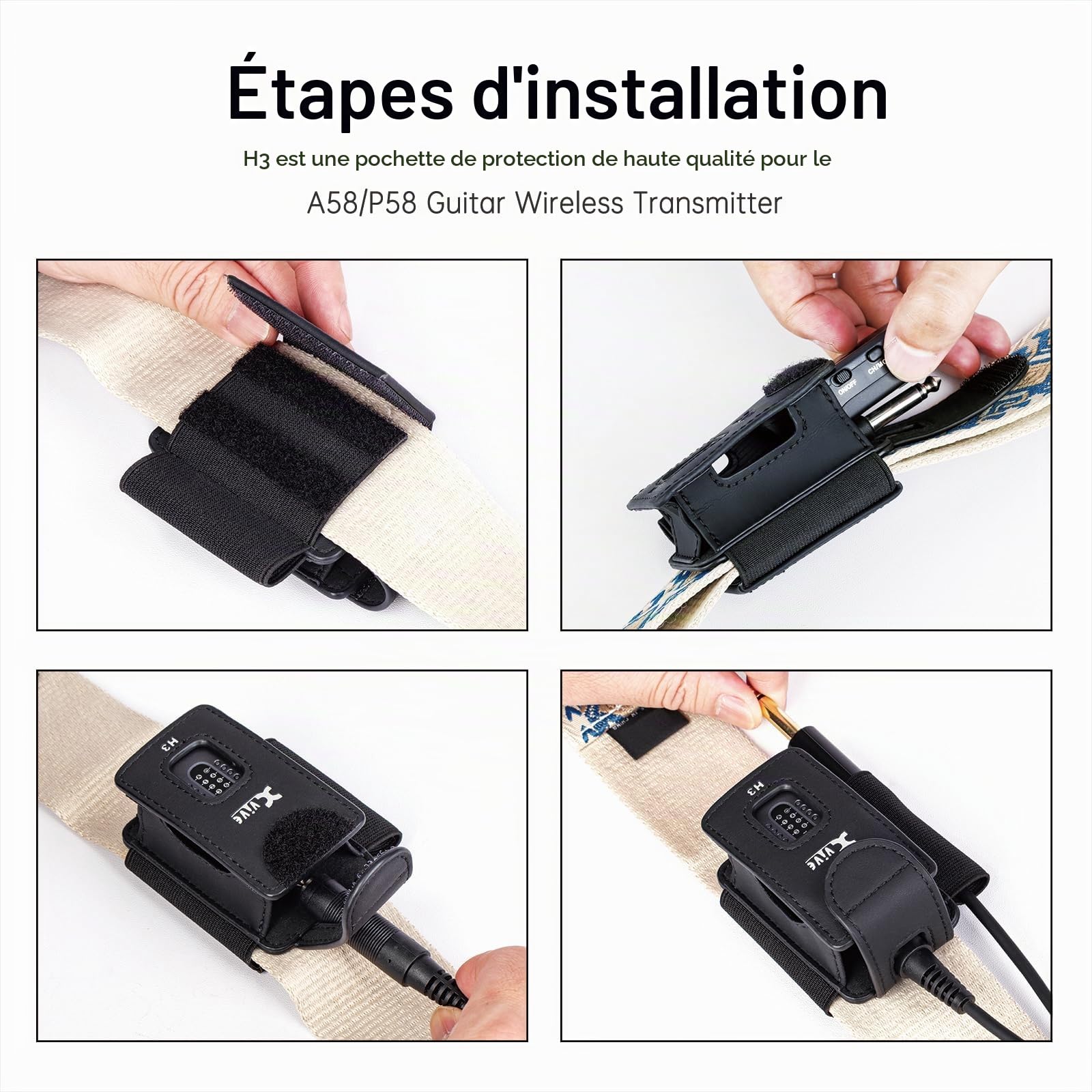 Xvive Support émetteur de sangle de guitare H3 pour systèmes sans fil A58 et P58, avec adaptateur TS mâle vers TS femelle de 0,6 cm