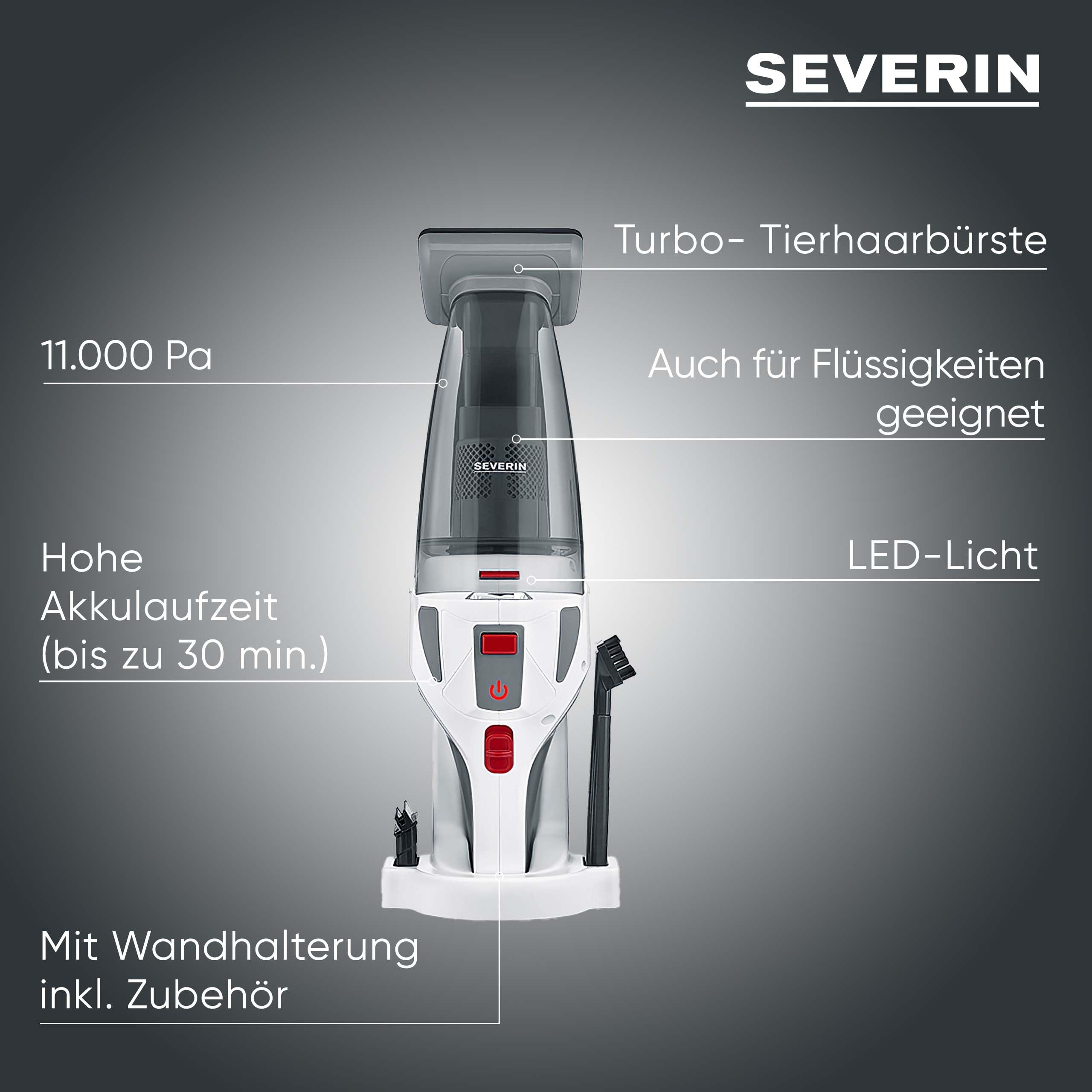 Severin 4-in-1 Akku-Handstaubsauger, kabelloser Nass- & Trockensauger für Autositze, Handsauger für Tierhaare & Flüssigkeiten, bis zu 30 Min Laufzeit im Eco-Mode, weiß-graurot, HV 7146