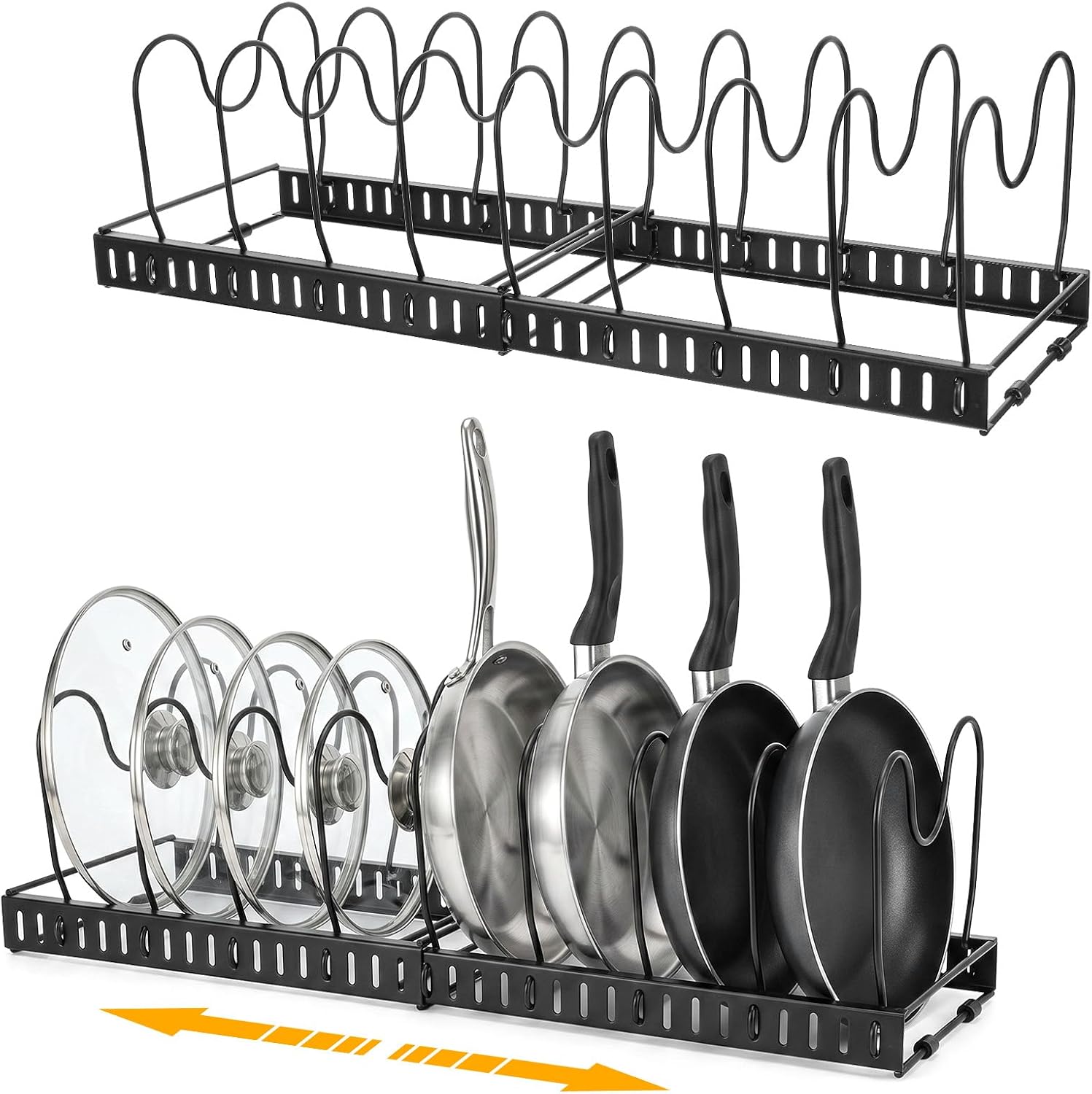 2 Pack Pot and Pan Organizer Expandable 12-23 Inch Pot Lid Pan Organizers Inside Cabinet with 14 Adjustable Dividers Heavy Duty Iron Storage Rack for Pots Pans Lids Black