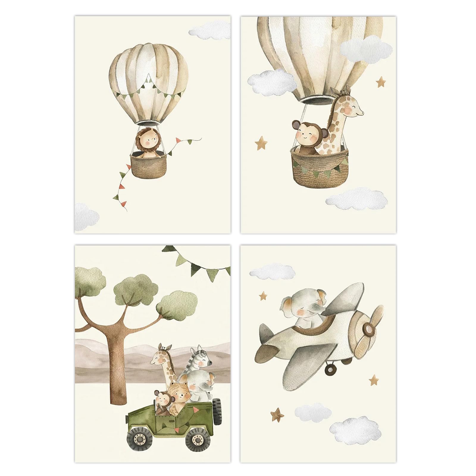 YunBey Juego de 4 Laminas Infantiles Cuadros Infantiles de Animales de la Jungla Sin Marco A4 Laminas Decorativas Pared Infantil para Habitación de Bebé