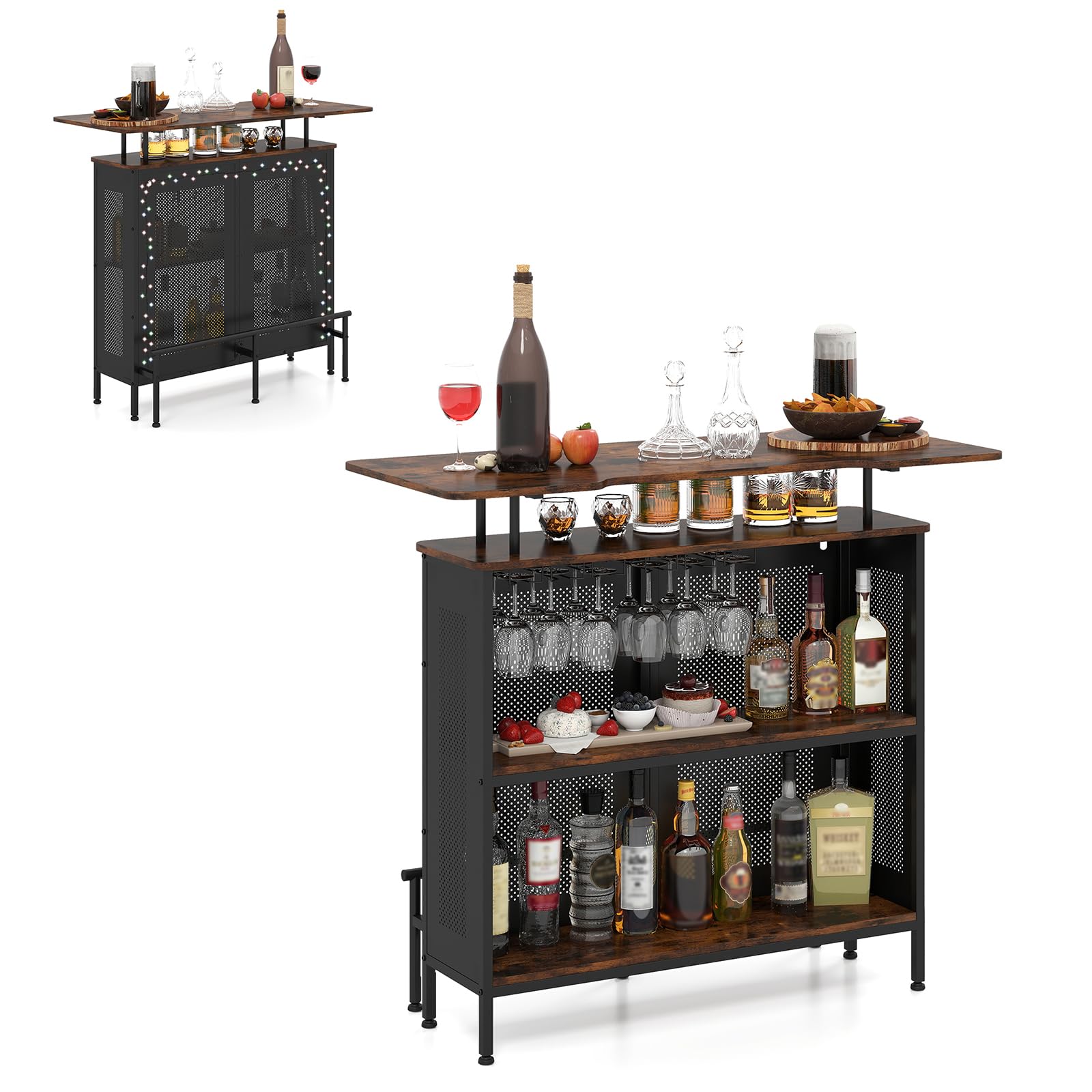 COSTWAY Mesa de Bar, Armario de Metal con 2 Estantes para Vino y 6 Soportes para Copas, Reposapiés y 7 Patas Ajustables, Mesa de Bar de Metal para Cocina Pub,120x50x106,5 cm (Rectangular Marrón)