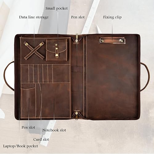Miniatura 2 de Cartera de piel auténtica, organizador de padfolio con asa, Padfolio personalizado, Padfolio con cremallera para hombres y mujeres, adecuado para