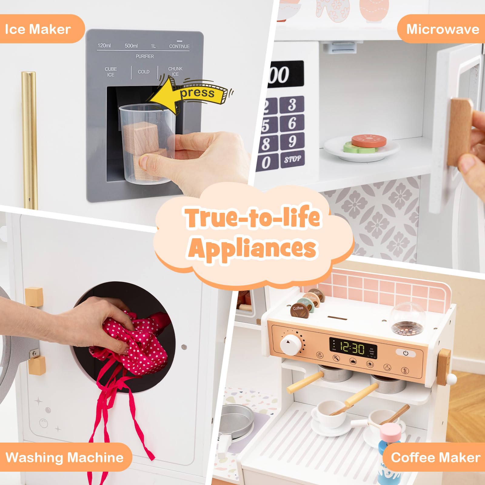 GLACER Play Kitchen, Wood Toy Kitchen w/Sound, Washing Machine, Coffee Maker, Ice Maker, Microwave, Storage Shelf & Cabinet, Cookware, Pretend Kids Kitchen Playset, Gift for Boys Girls Aged 3+ (White)