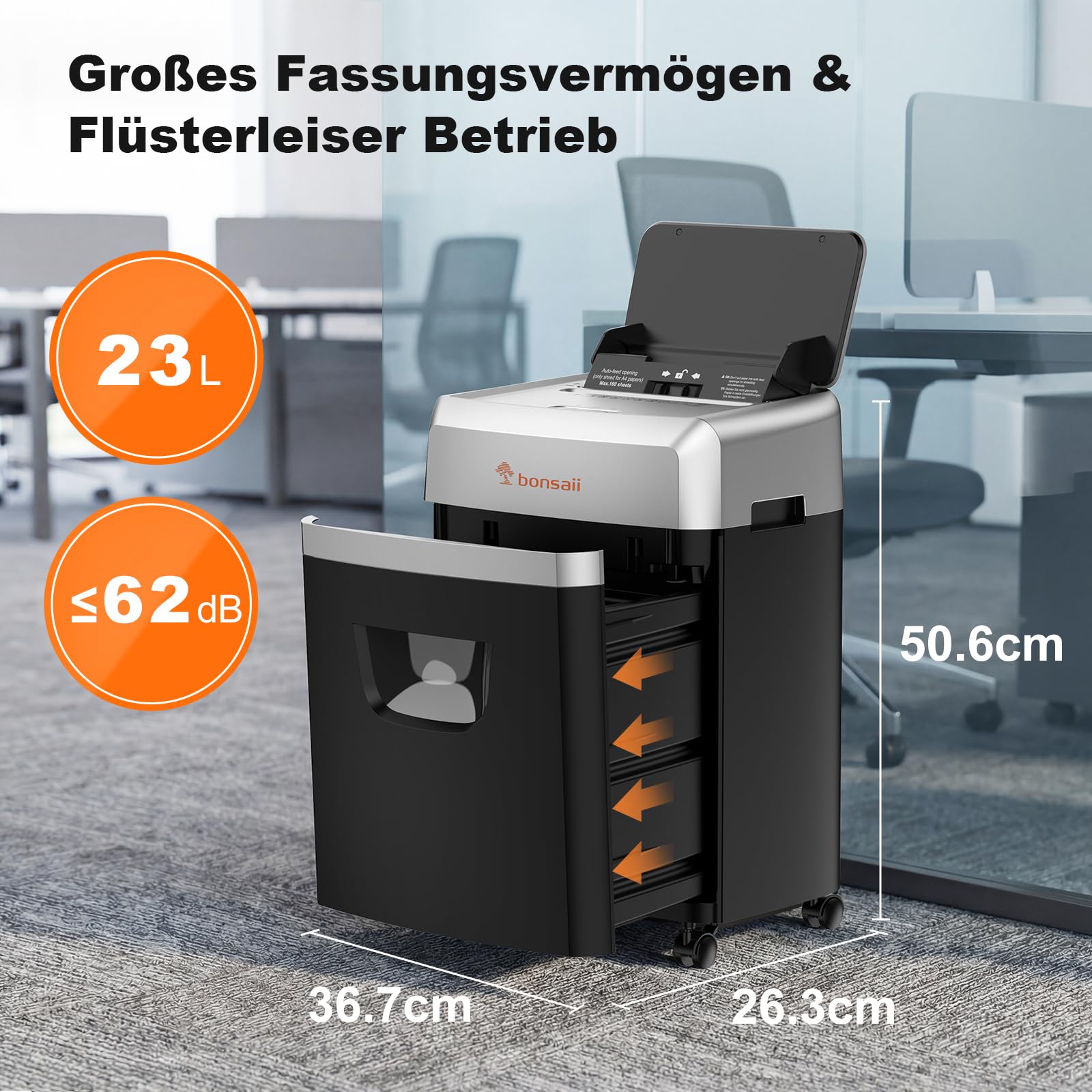 Bonsaii Aktenvernichter mit 160 Blatt Auto-Feed, P-4 Kreuzschnitt Schredder | leiser Betrieb mit 60 Min. Dauerbetrieb und 23L Abwurfbox für den Bürogebrauch, C290-A