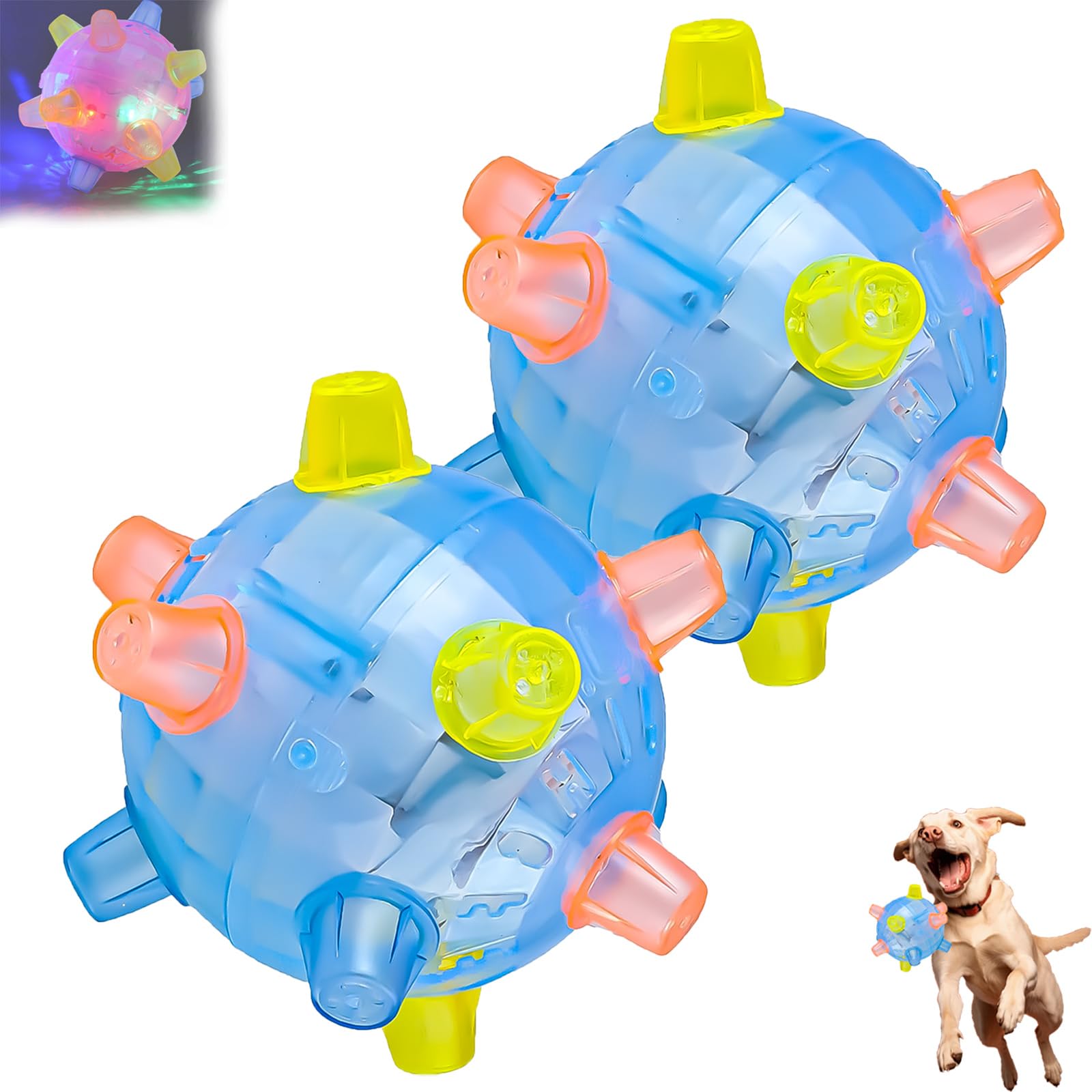 LLELEMAMO Jumping Activation Ball for Dogs, 2025 New Colorful Jumping Activation Bouncing Ball for Dogs with Light and Music, Interactive Vibrating Dog Ball Toys to Keep Them Busy Pet Toys (Blue*2)