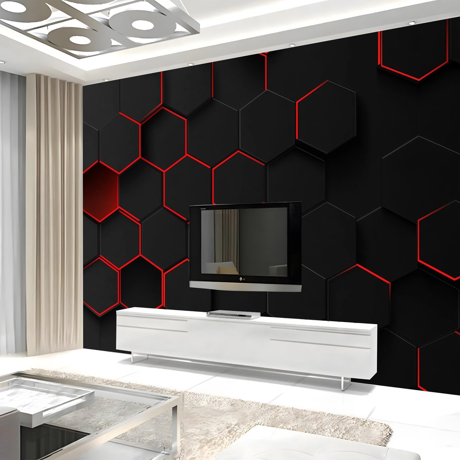 Tapeta do salonu czarno-czerwona geometryczna plastry miodu 250 x 175 cm fototapeta moda dekoracja ścienna plakat 3D tapeta ścienna, do sypialni, biura, pokoju dziecięcego