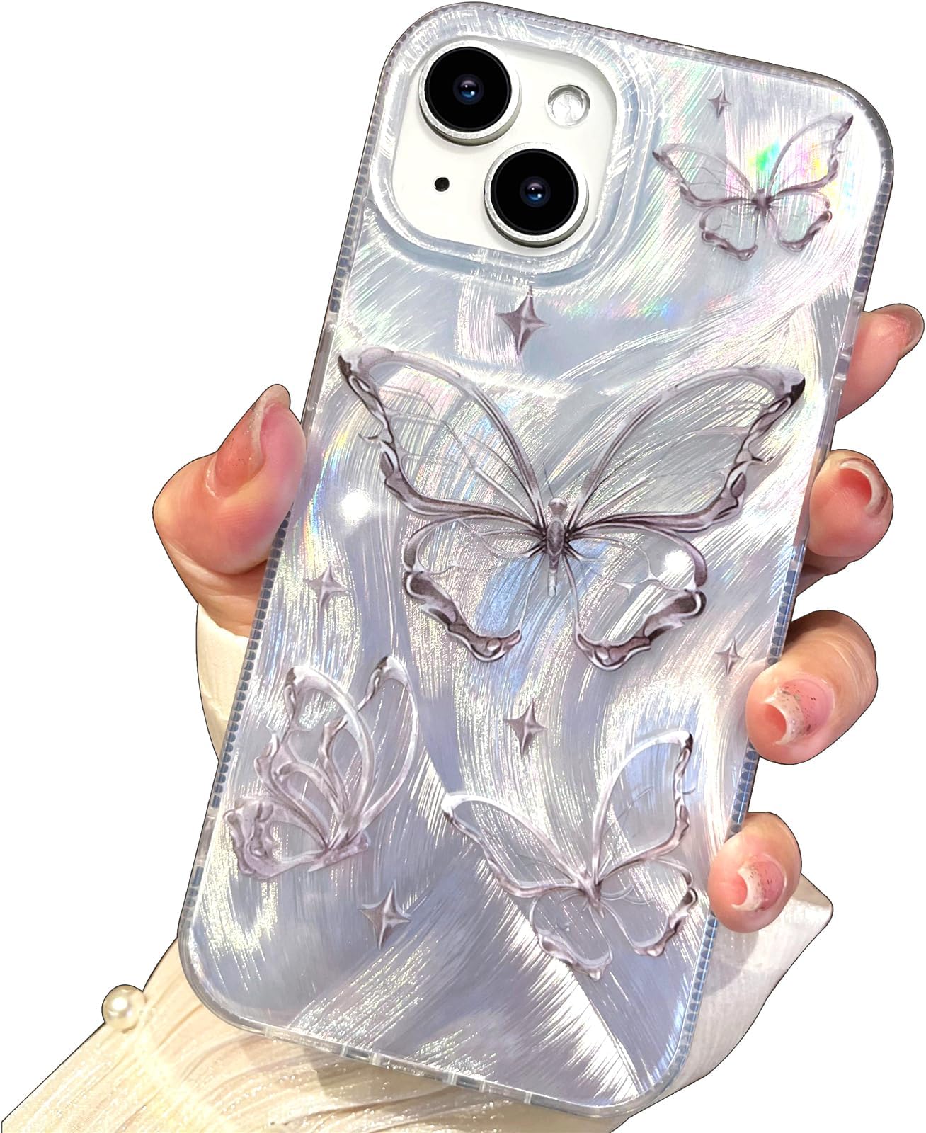I-MGAE-IN-AR Compact Case for iPhone 15 Shiny Silver Butterfly Design,Cute Trendy Soft Slim TPU Shockproof Protective Phone Cases Cover for Women Girls Aesthetic Glitter