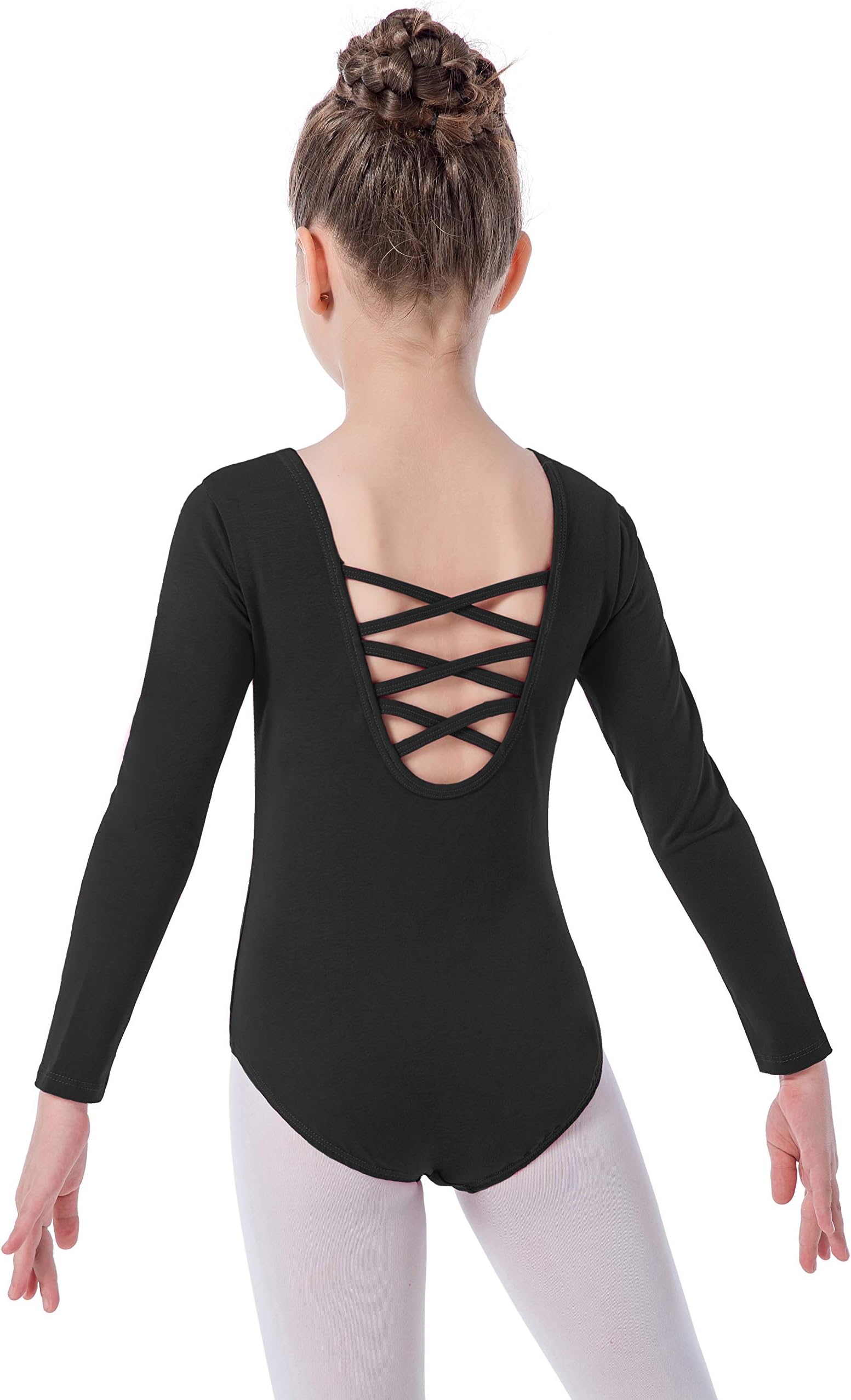 Girls Long Sleeve Ballet Leotards Crisscross Straps Back Dance Tops