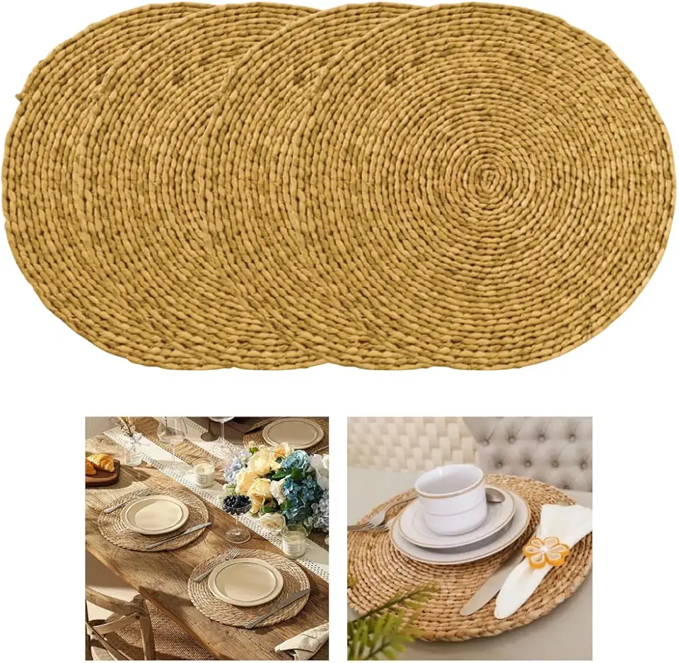 Jogo Americano Redondo Rattan 4 Peças 38cm Sousplat de Palha Natural para Mesa Posta, Base Decorativa Elegante para Pratos, Protege a Mesa e Valoriza a Apresentação das Refeições