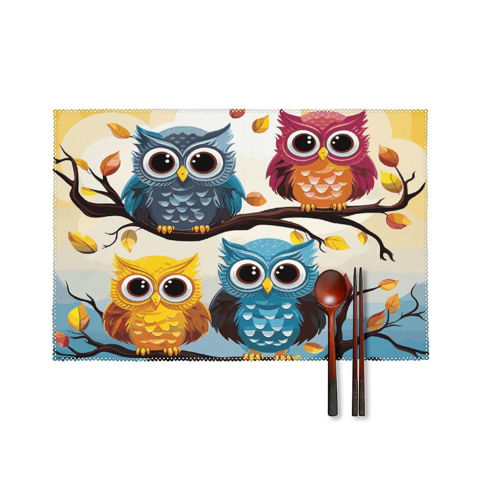 Owls on Tree Branches Placemats Washable Not Fade Placemats Practical Heat Resistant Place Mats for Outdoor Patio Table Mats Kitchen Dining Party Decoration