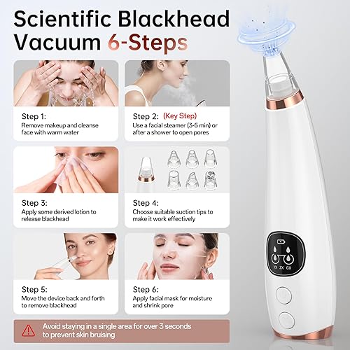 Miniatura 6 de Aspiradora de poros para eliminar puntos negros, limpiador facial de poros con 3 niveles de succión ajustables, 6 sondas, herramientas extractoras