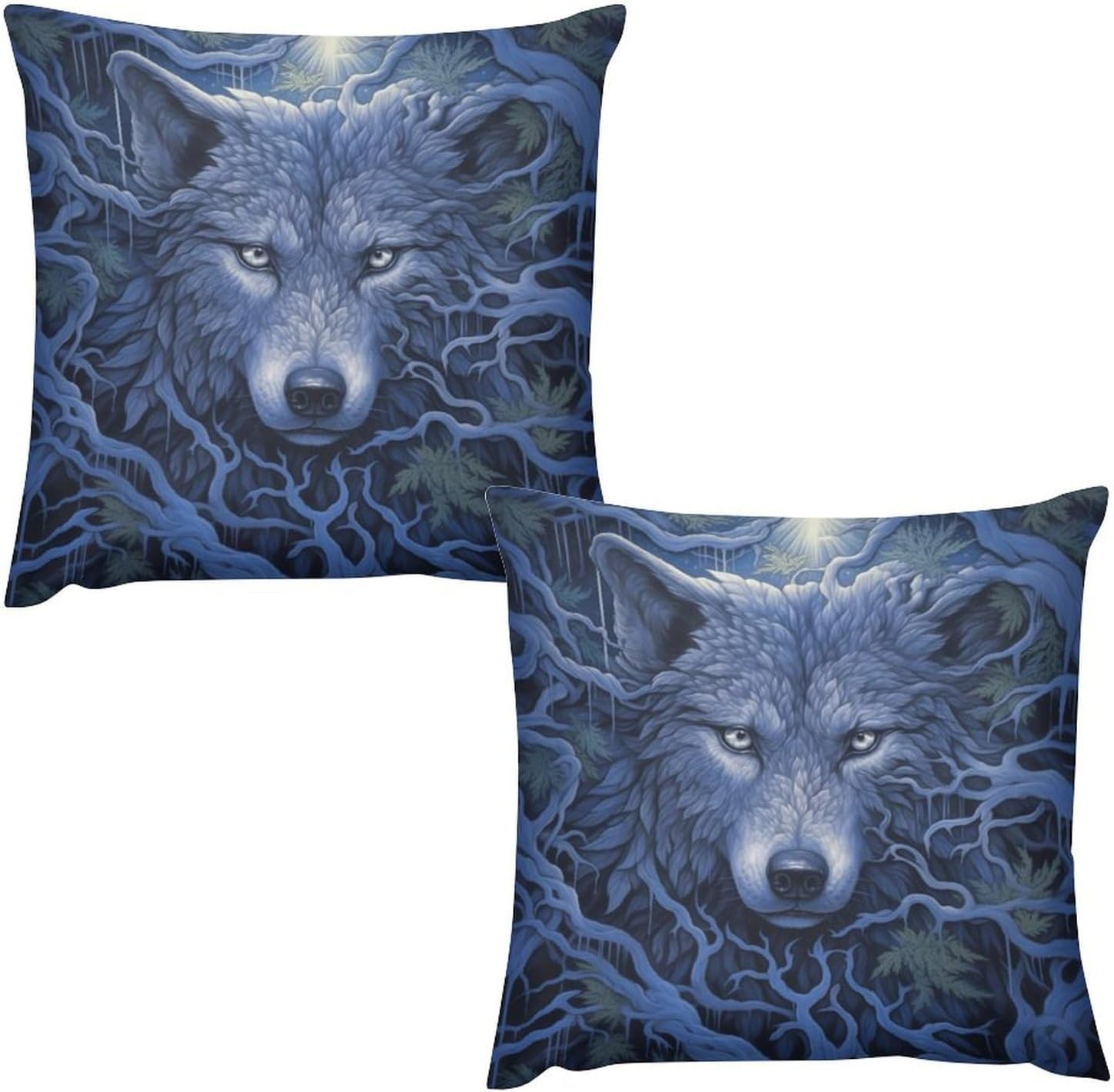 Mystic Tree Wolf Set of 2 Pillow Covers Soft and Cozy Decorative Pillow Cases with Hidden Zipper for Bedroom, Sofa, Couch