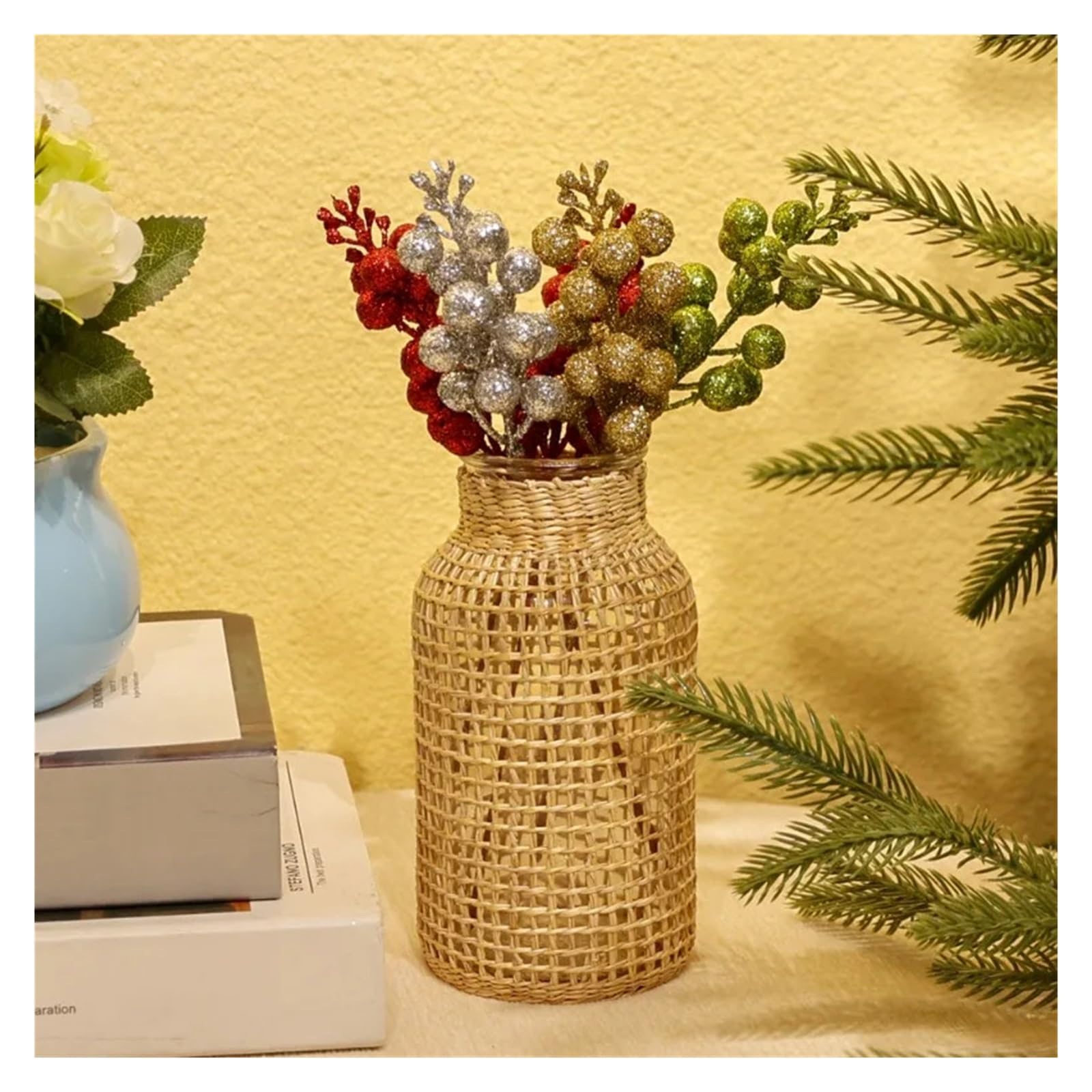 Ramo de ramas con bayas artificiales, Tallos De Bayas Artificiales Con Purpurina En Polvo Dorado, Multicolor, 23,5 Cm, ​​Paquete