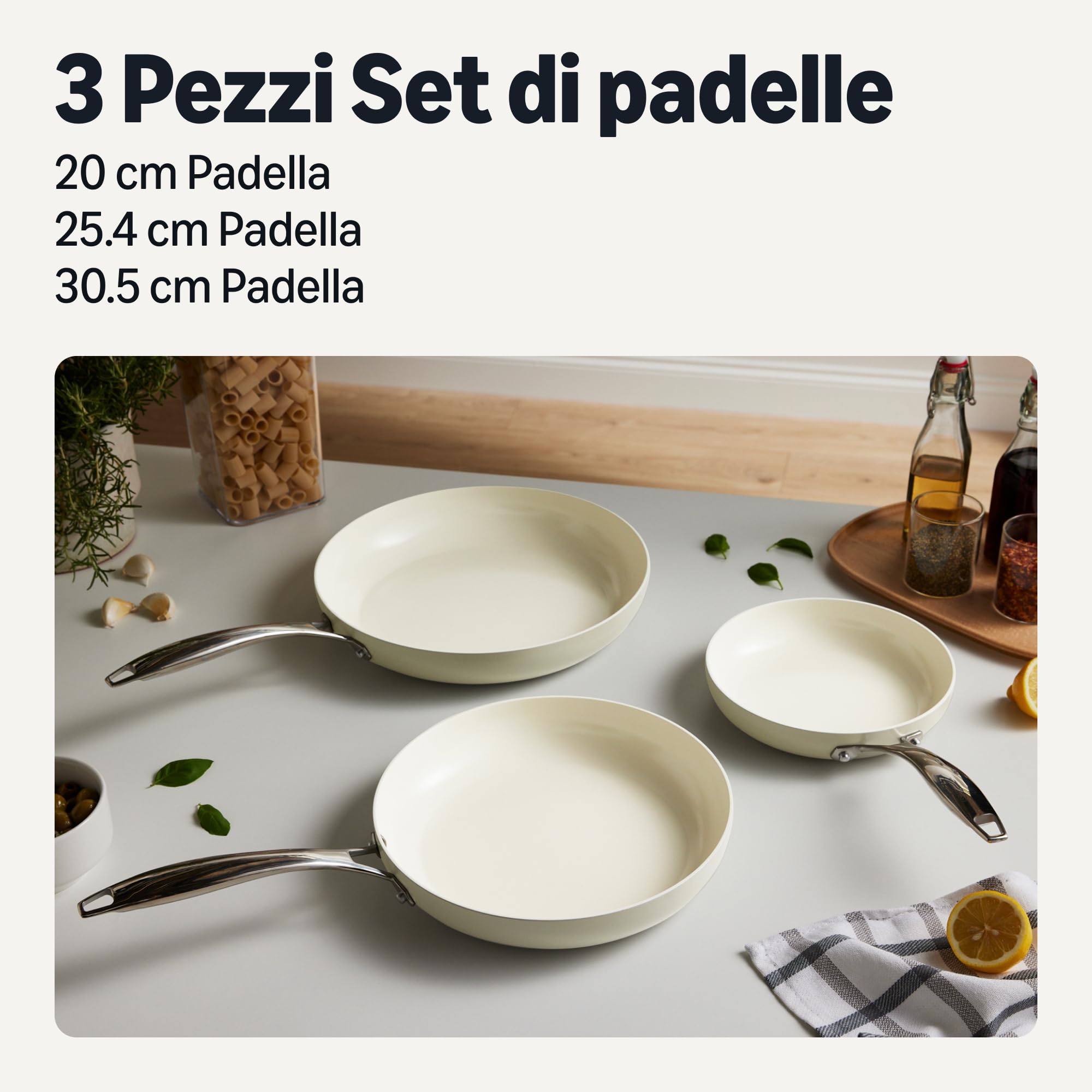 Amazon Basics Padelle Antiaderenti in Ceramica, Set di 3 Pezzi, Adatte a Tutti i Piani Cottura, Lavabili in Lavastoviglie, Avorio