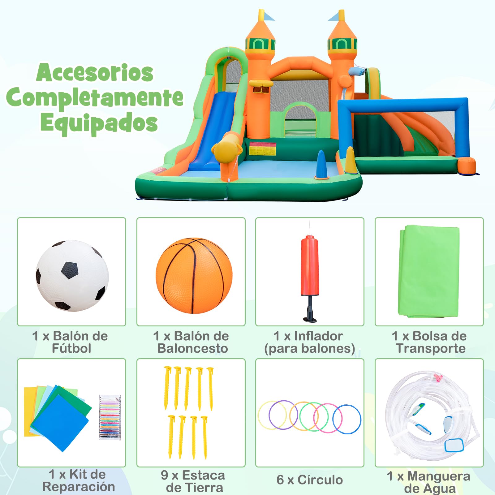 GOPLUS Castillo Hinchable 9 en 1 con 2 Toboganes, Piscina, Aro de Baloncesto, Juego de Gancho, Zona de Rebote, Pistola de Agua, Pared de Escalada, Casa de Salto Húmeda y Seca (sin Soplador)