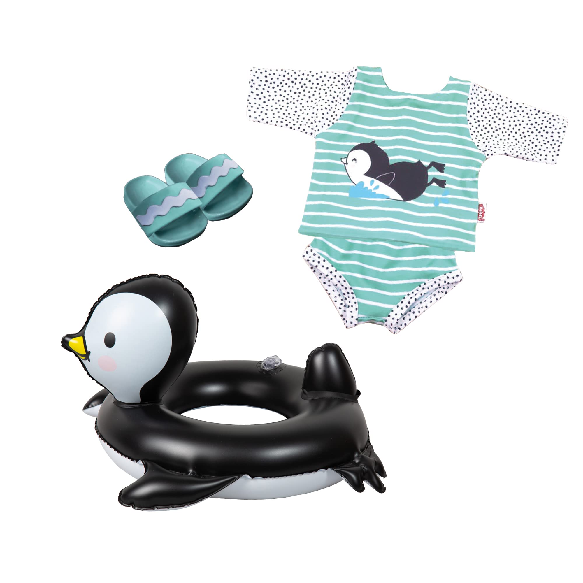 Heless 11 Set für Puppen im Pinguin Pünktchen-Design, 4 teilig Outfit, Badeschlappen und Schwimm-Ring, Größe ca. 35-45 cm, für Bade-Spaß an heißen Sommertagen, Mehrfarbig