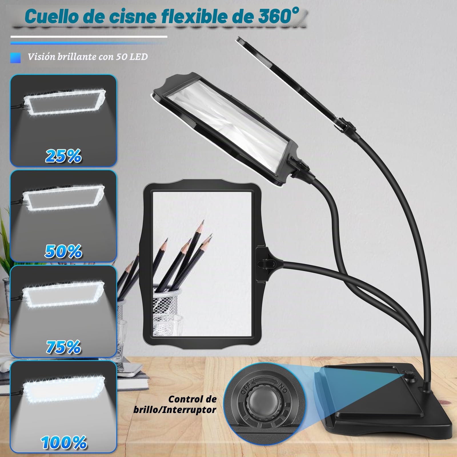NZQXJXZ 10X Recargable Lupa con Luz y Soporte, Lámpara de Escritorio con Cuello de Cisne Flexible de 50 LED, Lupa de Página Grande para Leer, Coser, Manualidades, Pintar, Bricolaje, Trabajos de Cerca