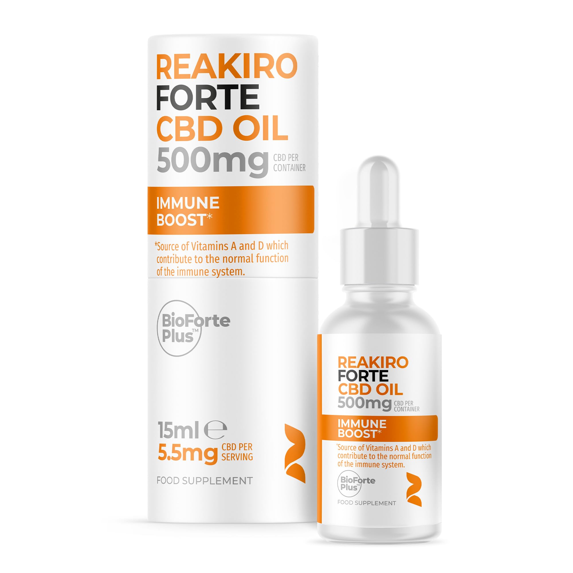 Reakiro Forte CBD Oil Immune Boost 500mg, 15ml I 5.5mg Cannabidiol CBD Oil per Serving I Source of Vitamin D3 I Enhanced BioAvailability I Stress & Anxiety Relief I Optimal Well-Being Support
