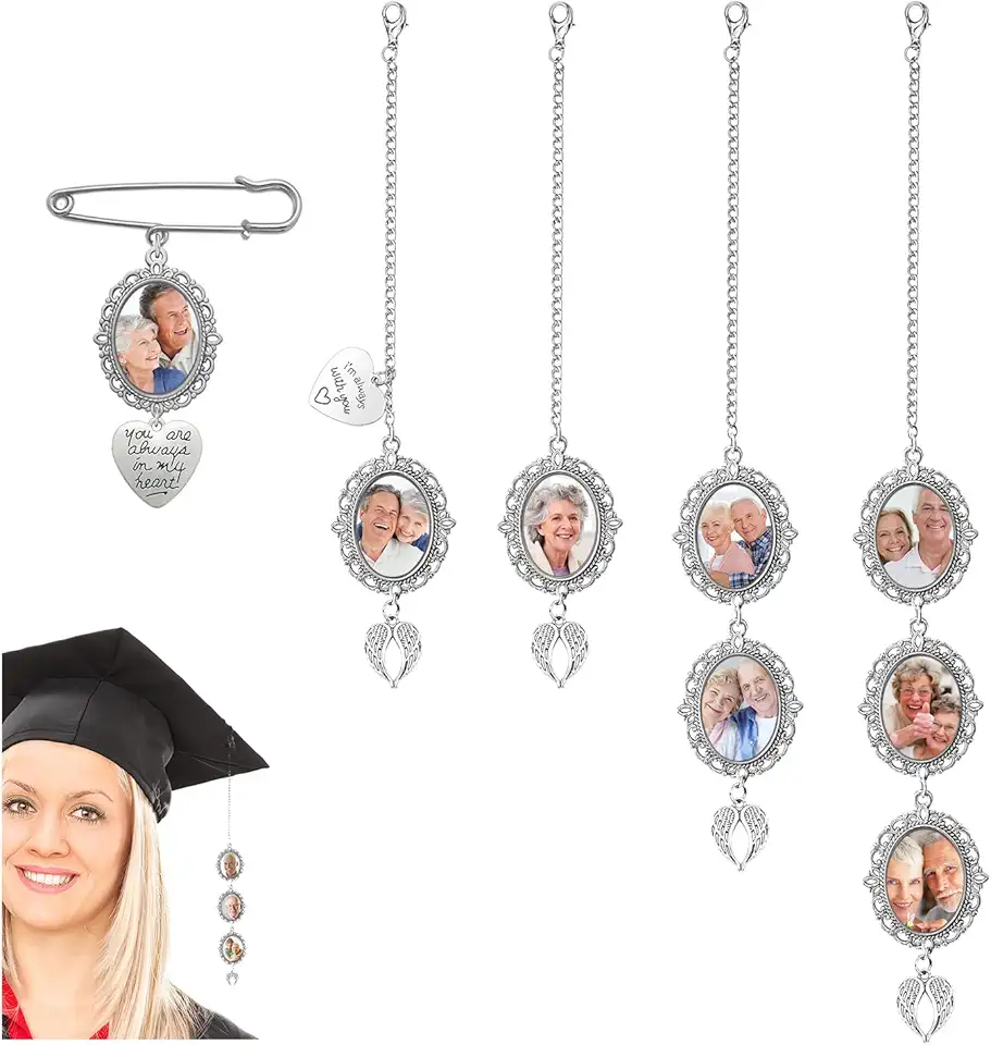 FAURAPMNG FAURAPMNG 5 Pcs Graduation Cap Photo Charm Graduate Memorial Tassel Picture Charms with Angel Wing Personalized Bouquet Tassel DIY Grad Photo Chain for Class of Grad Cap Gown Ceremony Caps Charm Decor