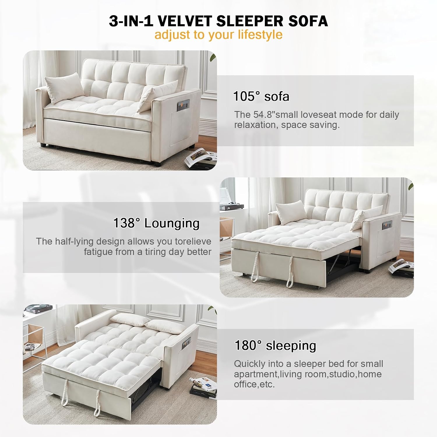 Velvet Convertible Sleeper Sofa， 3-in-1 Pull Out Couch Bed with Pillows，Adjustable Backrest，Storage Pockets with Armrests for Living Room & Bedroom (White) | Pull Out Couch Bed