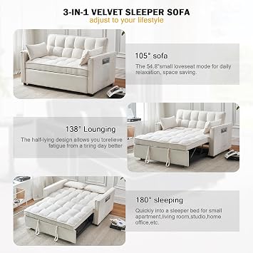 ECHINGLE Futon Sofa Bed, 3 in 1 Sleeper Sofa Couch Bed with Armrests, Storage Pockets and 2 Pillows, Adjustable Backrest, Sofa Bed Couch for Living Room, Bedroom, Office,Reading Room(Beige)