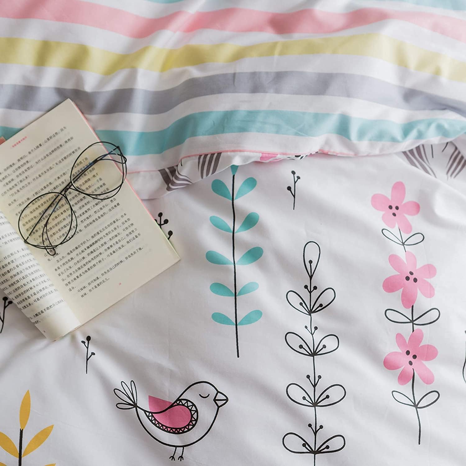 BuLuTu Floral Bird Print Pattern Girls Duvet Cover Twin White Premium Cotton Nature Blossom Colorful Reversible Kids Bedroom Comforter Cover Bedding Sets for Teen Toddler,Zipper Closure - Image 5