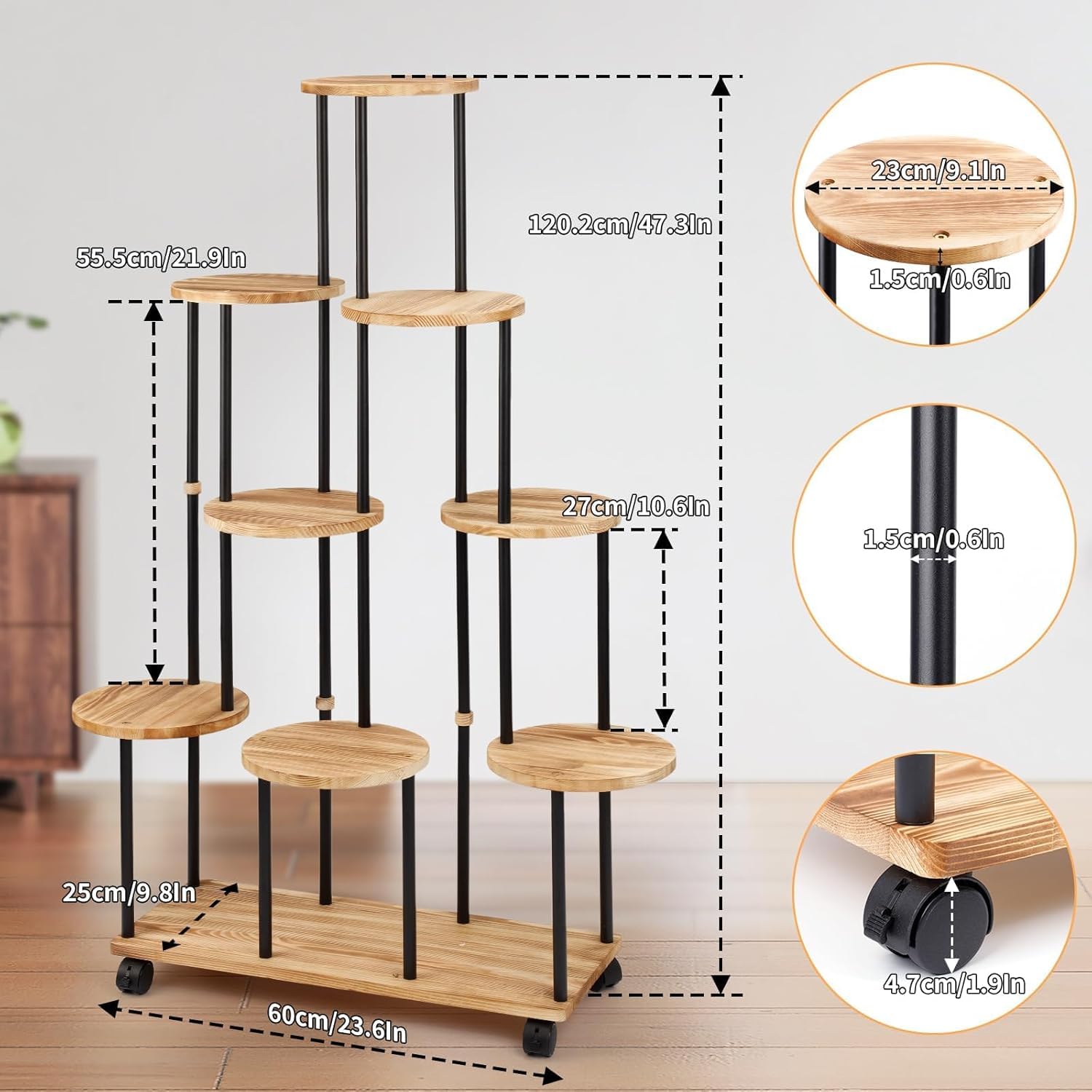 Blumenständer mit Rollen 9 Etagen Pflanzenregal Holz Pflanzentreppe Hoch Blumentreppen Metall Blumentreppe Indoor Blumenregal Innenbereich für Balkon Wohnzimmer Terrassen Wohnung