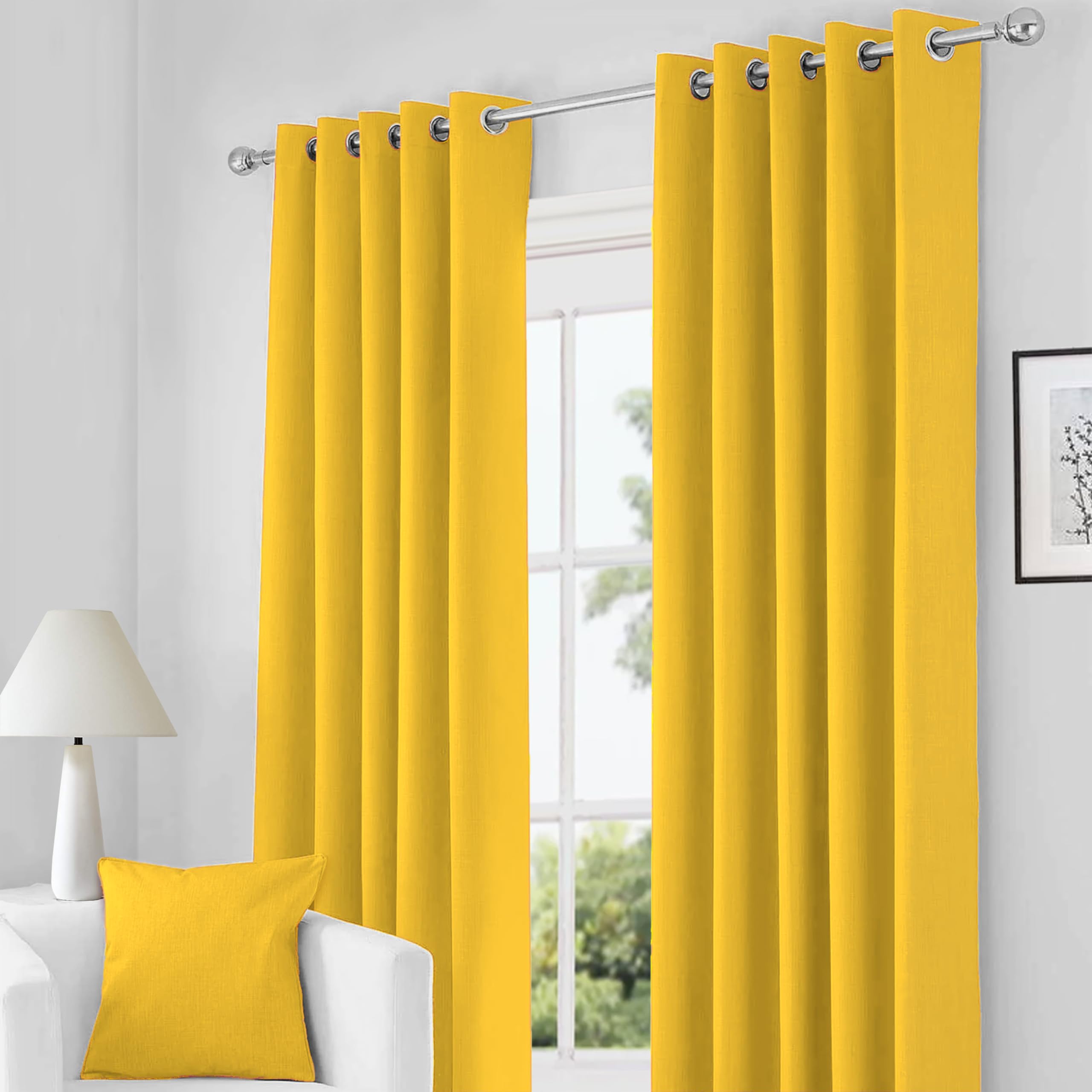 Rayyan Linen Ochre Yellow Rayyanlinen Readymade Blackout Thermal Eyelet Ring Top Pair Of Curtains Including 2 Free Tiebacks (, Width 66" X Drop 54")