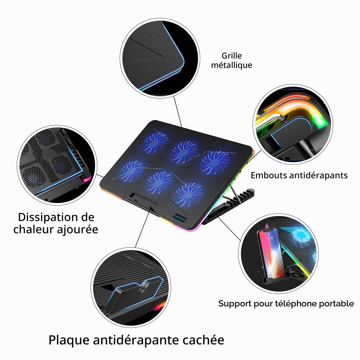 LIANGSTAR Refroidisseur PC pour Ordinateur Portable,10 éclairage RGB Les Modes & 7 Hauteur Réglable, 2 Lndépendant La Vitesse Contrôler, Parfait pour Ordinateur Portable 12-17 Pouces