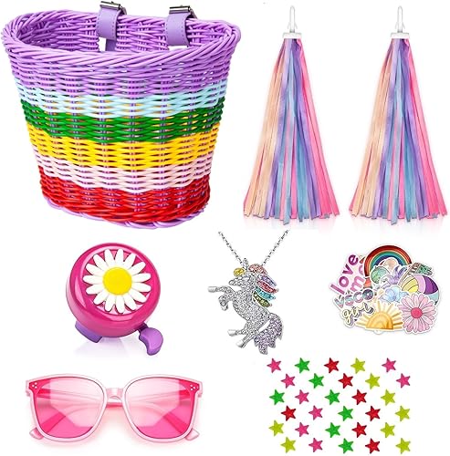Suerico Cesta de bicicleta para niñas, cesta de bicicleta para manillar con collar de unicornio, campana de bicicleta, serpentinas, cuentas de rueda