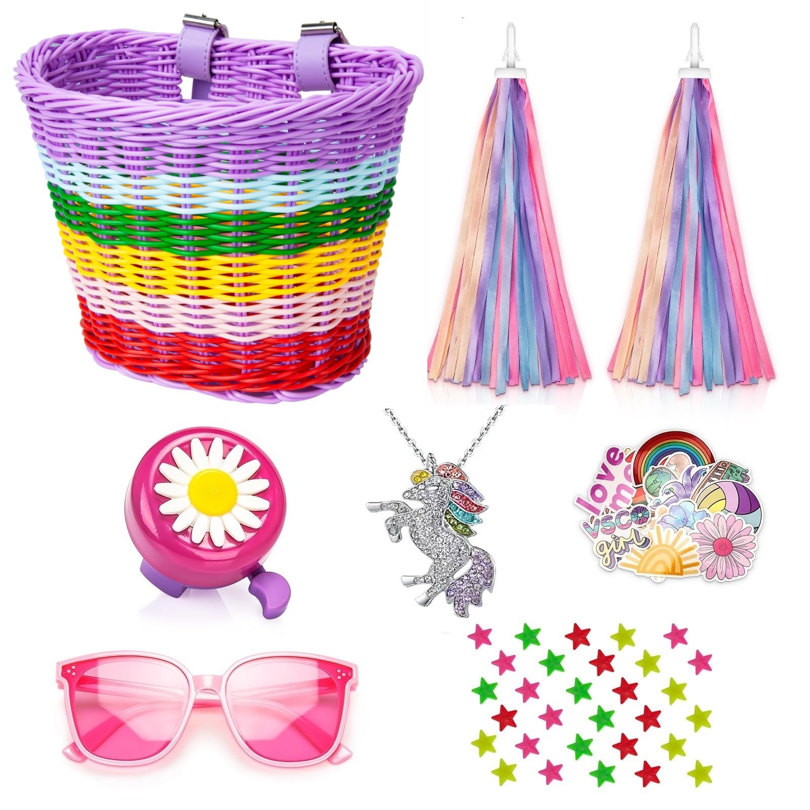 Suerico Kids Handlebar Bicycle Basket for Girls With Unicorn Necklace, Bell, Streamers, Wheel Bead, Sunglasses, Stickers - Bike Decoration Accessories