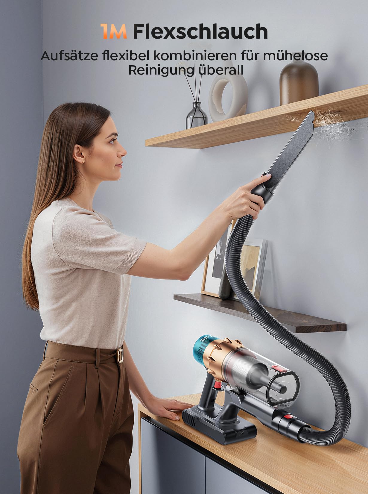 SMOTURE Akku Staubsauger 50000Pa/600W/65Min, Staubsauger Kabellos mit Mini-Elektrobürste, 1M Schlauch, Aromafunktion, Touchscreen,Anti-Tangle-Bürste,Selbststehend für Tierhaare/Teppiche/Hartböden/Auto