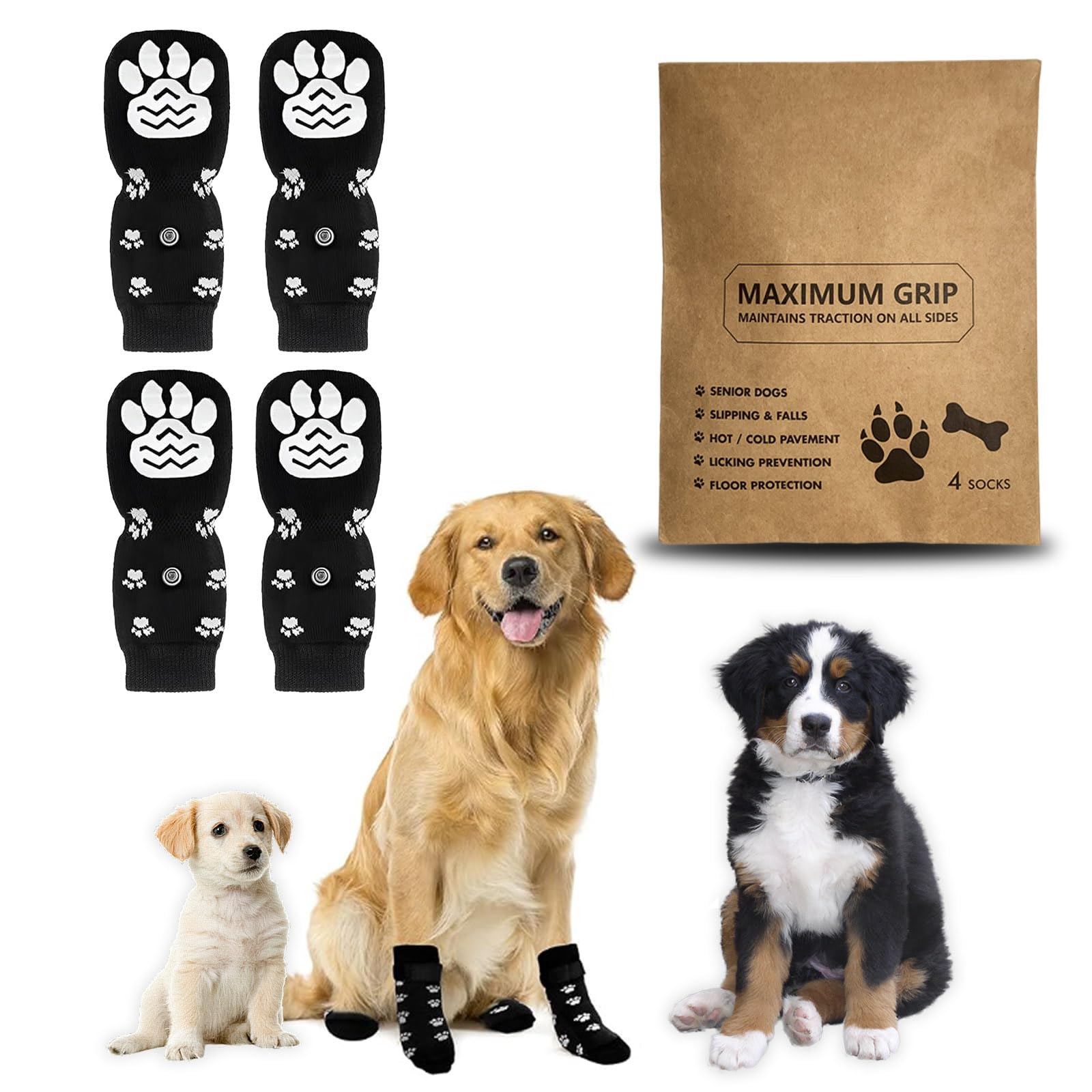 Rynvarl Calzini Antiscivolo per Cani con Cinturino Regolabile – Set da 4 Calze in Cotone, Protezione per Zampe Ideale per Interni, Esterni e Ferite, Taglia S per Cani Piccoli e Grandi