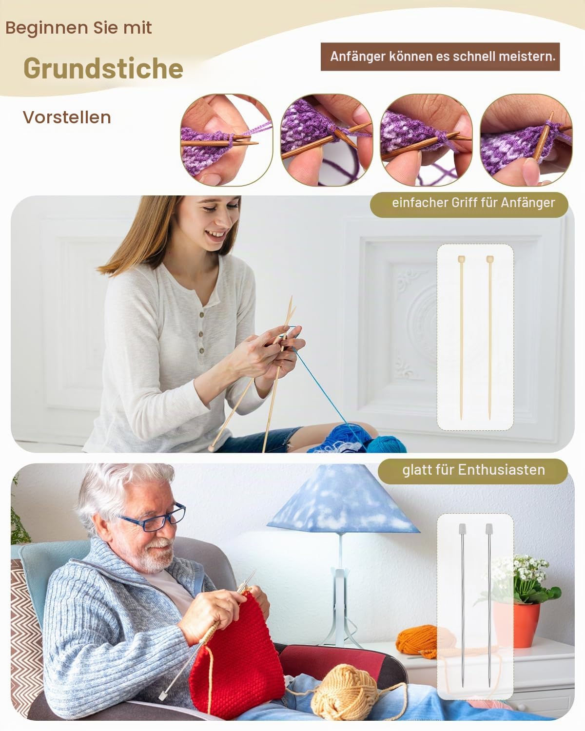 Reessy Stricksets für Anfänger Erwachsene, Mütze Schal Handschuhe Strickset für Erwachsene zum Erlernen des Strickens inklusive Schritt-für-Schritt-Anleitungsbuch, Stricknadeln weiche Garnknäuel und