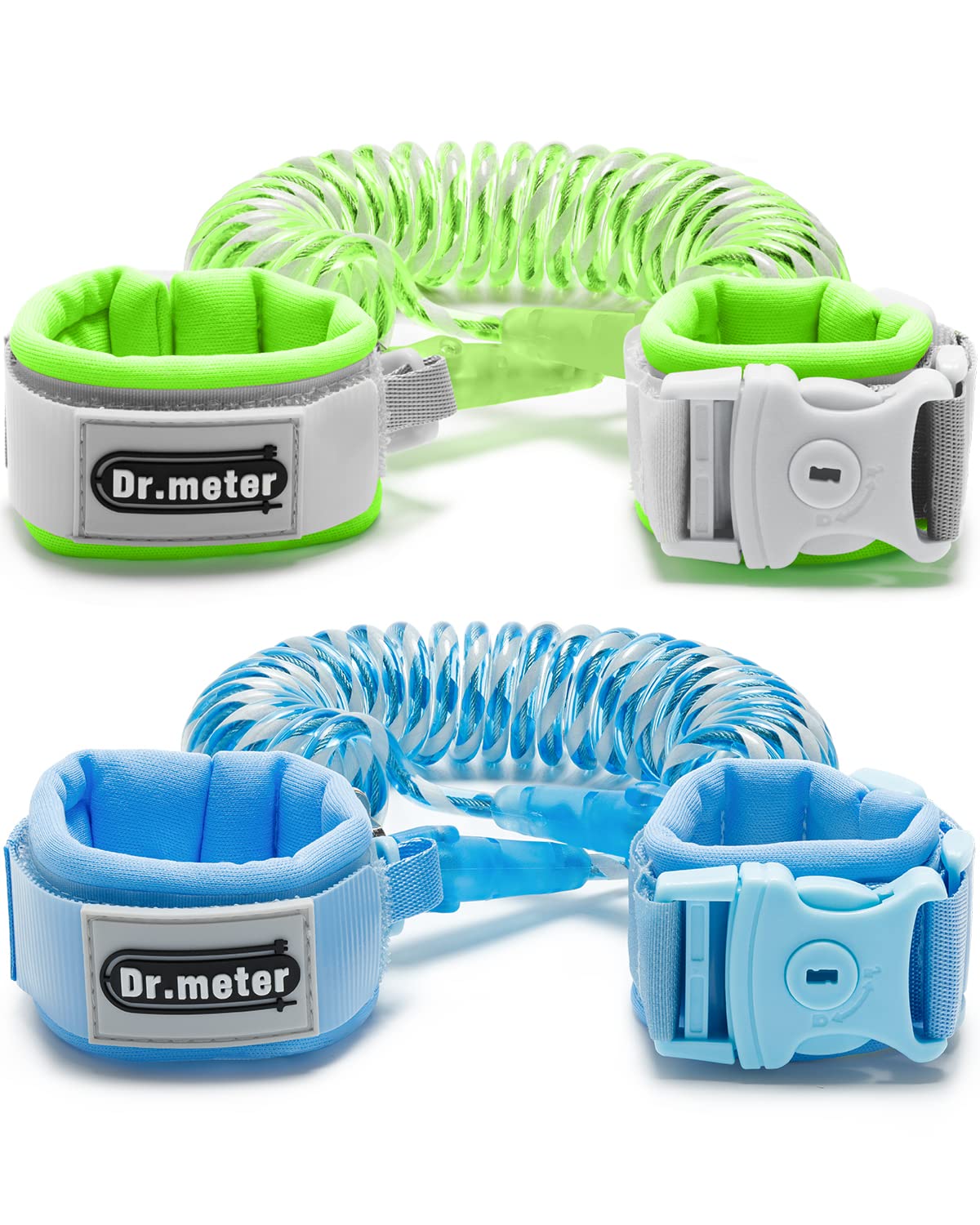Anti Lost Wrist Link, Dr.meter 2 Pack Toddler Safety Leash with Key Lock, Reflective Child Walking Harness Rope Leash for Kids Babies - Dual 8.2ft Length Blue and Green