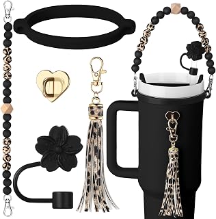 Vercraft 5 Pcs Silicone Cup Accessories Set Cup Including Silicone Beaded Bottle Strap Leather Tassel Charm Straw Cover Rubber Ring for 8 to 40 oz Tumbler(Black,Leopard)