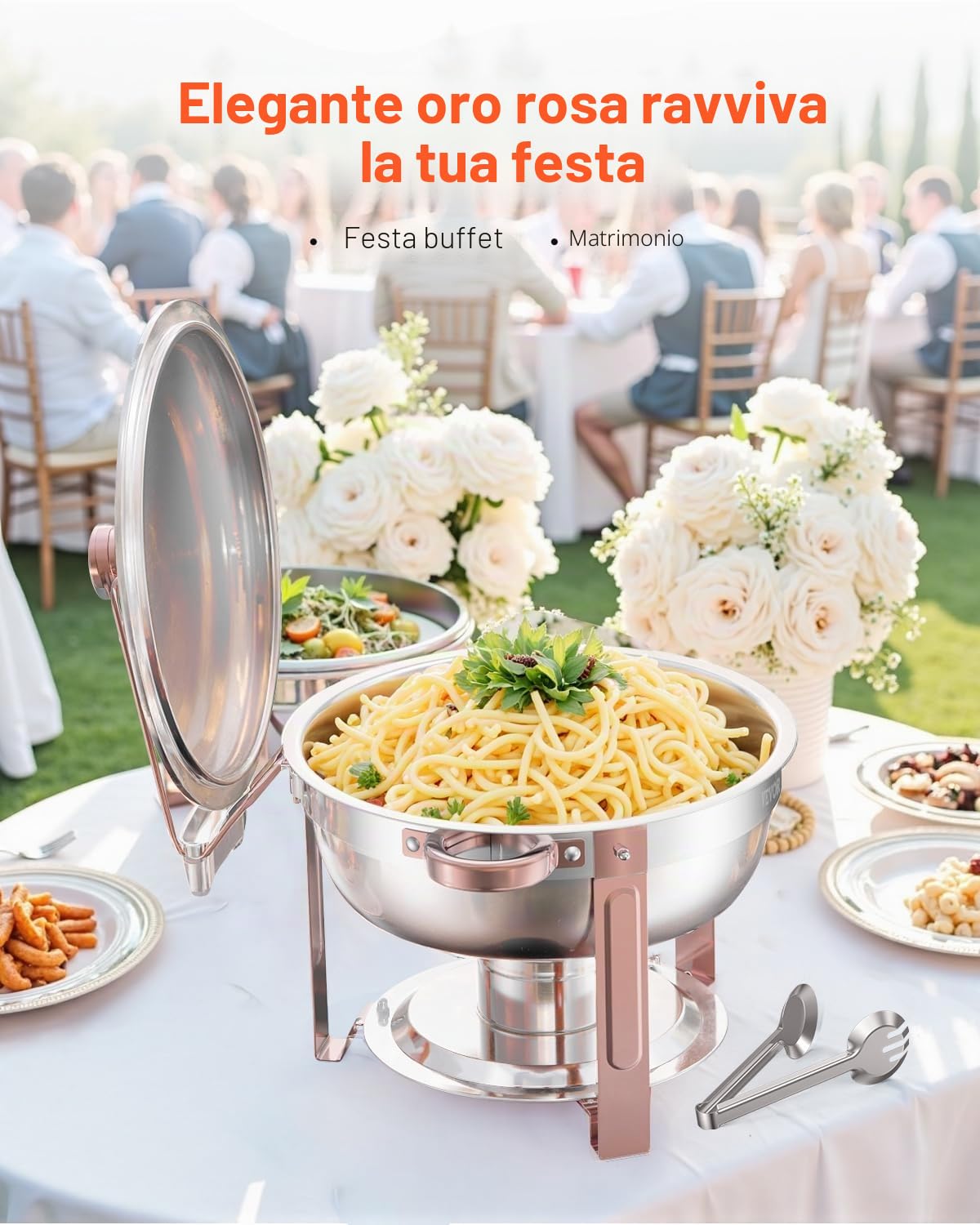 VEVOR Scaldavivande per Buffet con 4 Padelle Full Size Dispenser di Calore Rotondo per Catering con Coperchio, Porta Carburante e Vaschetta per l'Acqua per Matrimoni, Feste, Oro Rosa 4,7 L