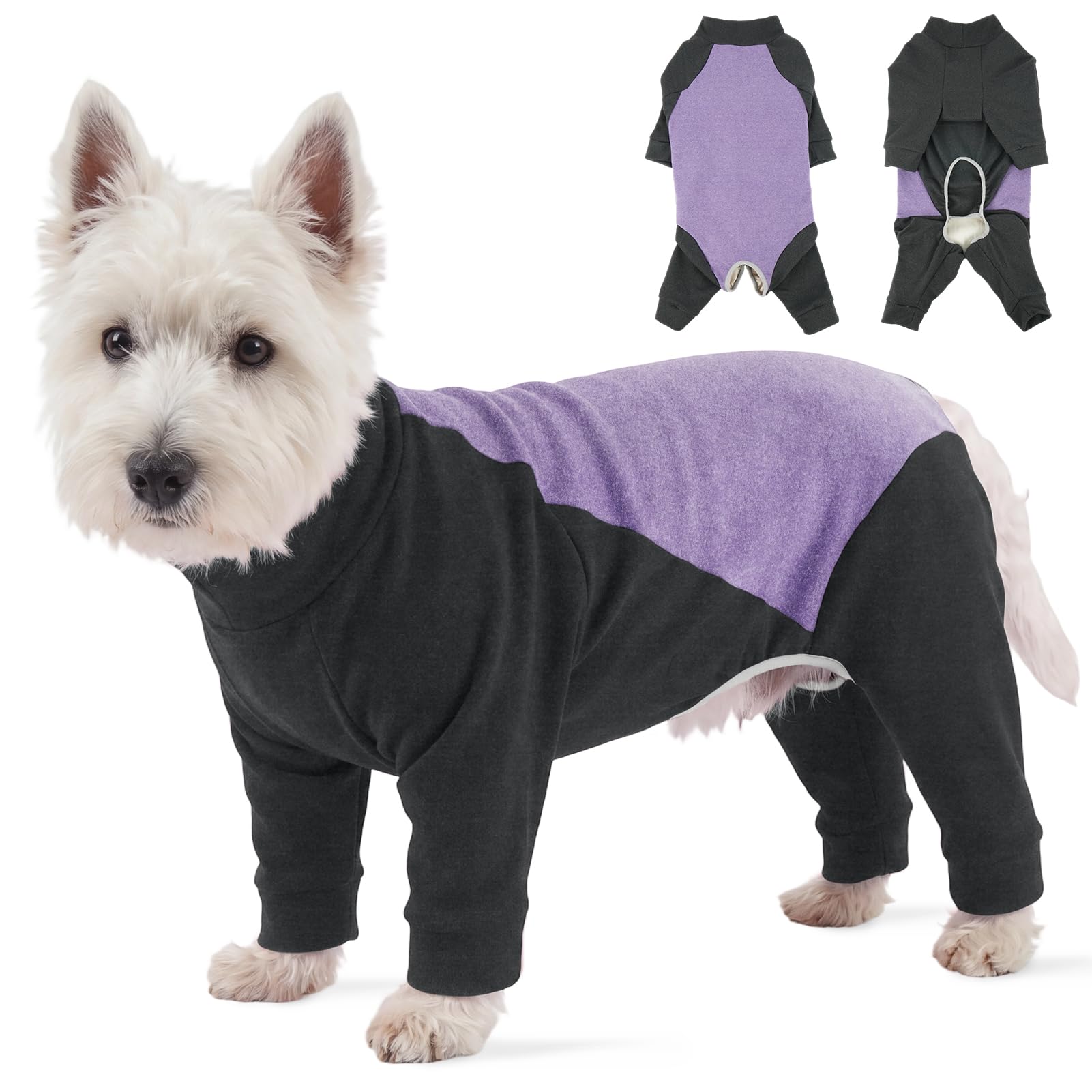 Dog Pyjamas Fleece Onesie, Warm Dog Pajamas Jumpsuit, Soft Stretch Dog Sleepwear, Full Body Anti-Licking Suit, Winter Clothes for Small Medium Dogs, Lavender Grey L